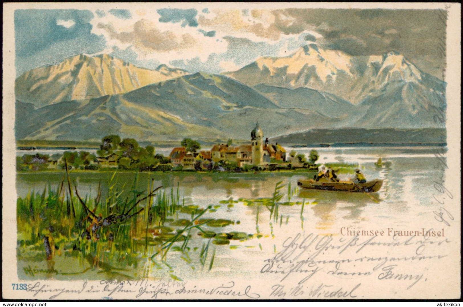Ansichtskarte Chiemsee Fraueninsel - Chiemsee - Künstlerkarte 1905 - Chiemgauer Alpen