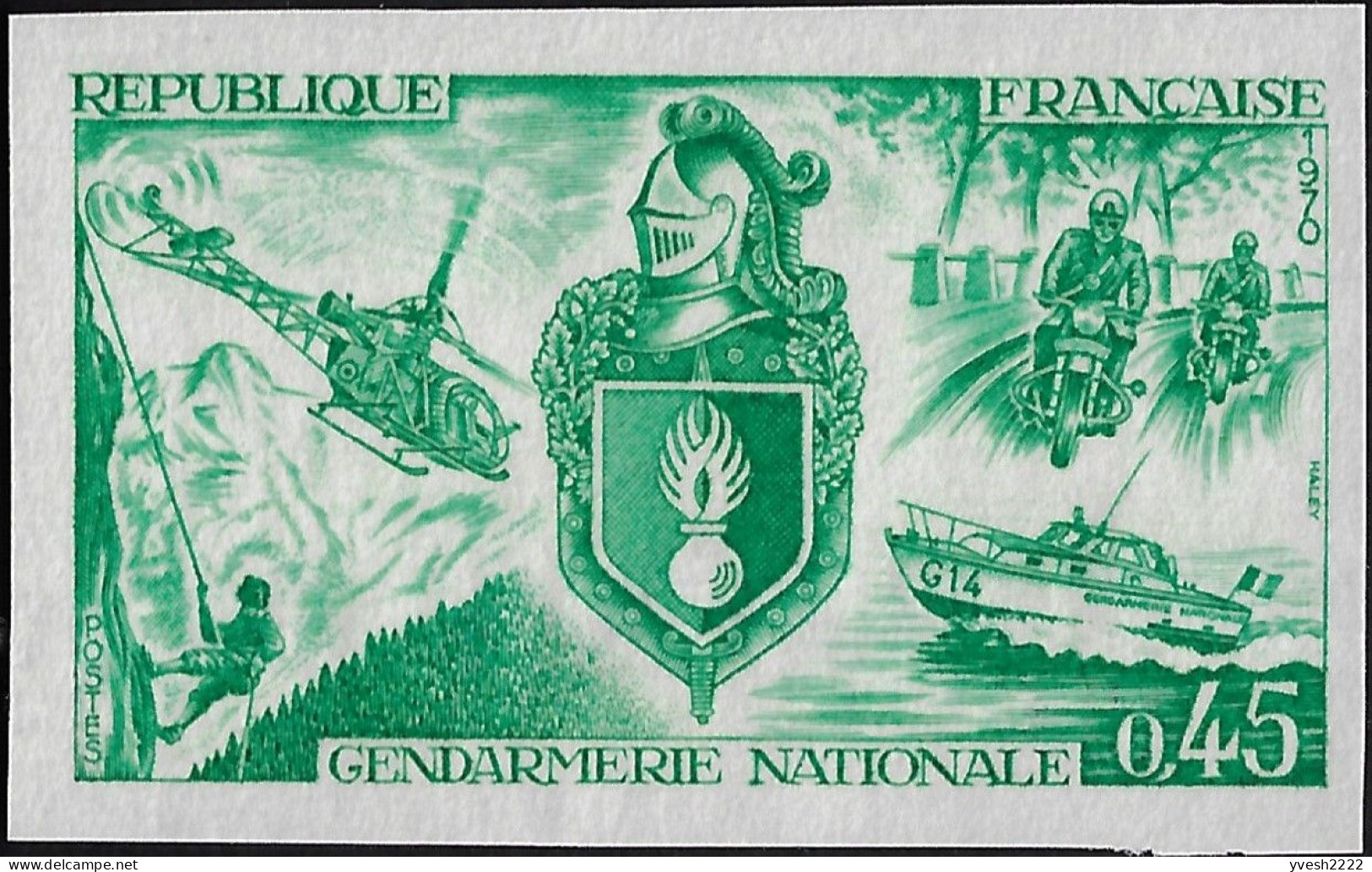 France 1970  Y&T 1622, Essai De Couleurs. Gendarmerie Nationale : Secours En Montagne, Hélicoptère, à Moto, Bateau - Politie En Rijkswacht