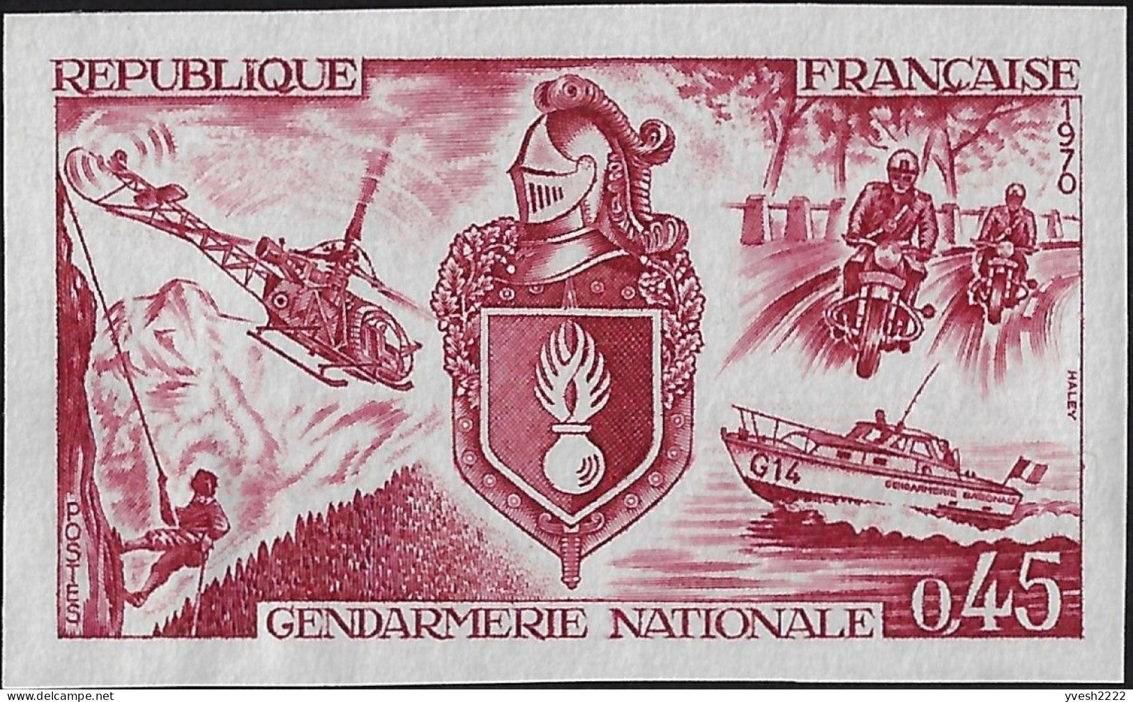 France 1970  Y&T 1622, Essai De Couleurs. Gendarmerie Nationale : Secours En Montagne, Hélicoptère, à Moto, Bateau - Escalada