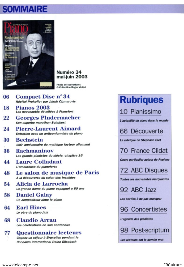 Piano Magazine N° 34 Avec CD - Mai-Juin 2003 - Serge Rachmaninov - Musique