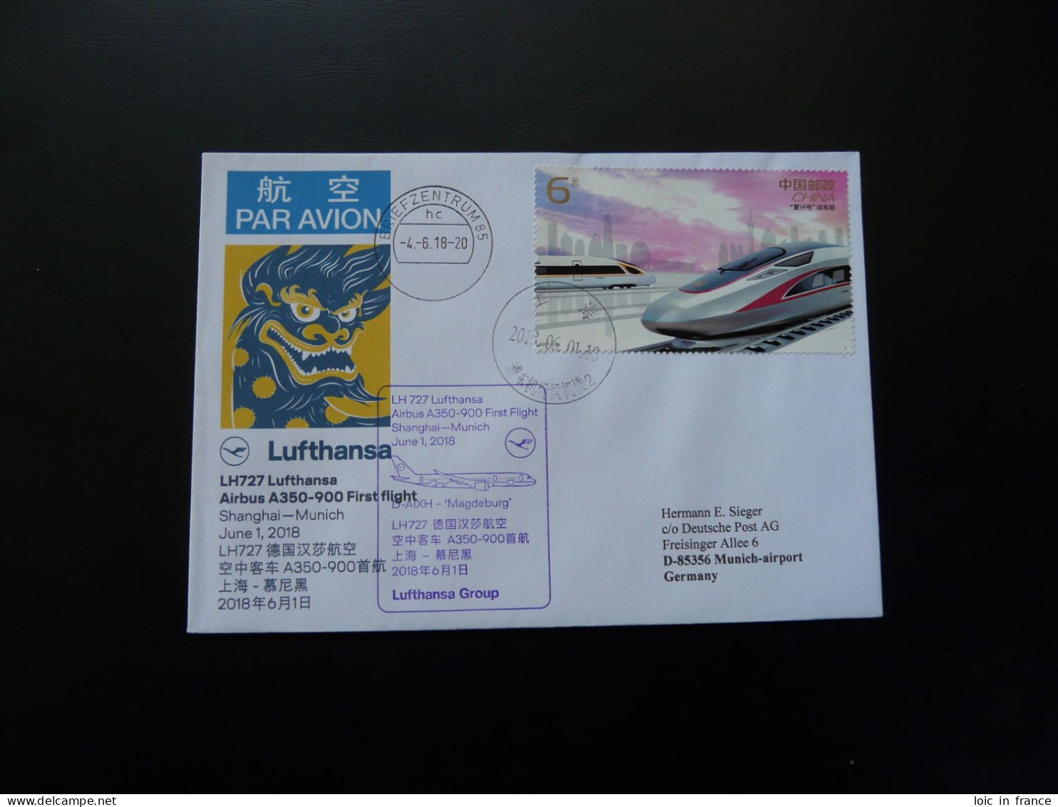 Lettre Premier Vol First Flight Cover Shanghai China To Munchen Airbus A380 Lufthansa 2018 - Lettres & Documents