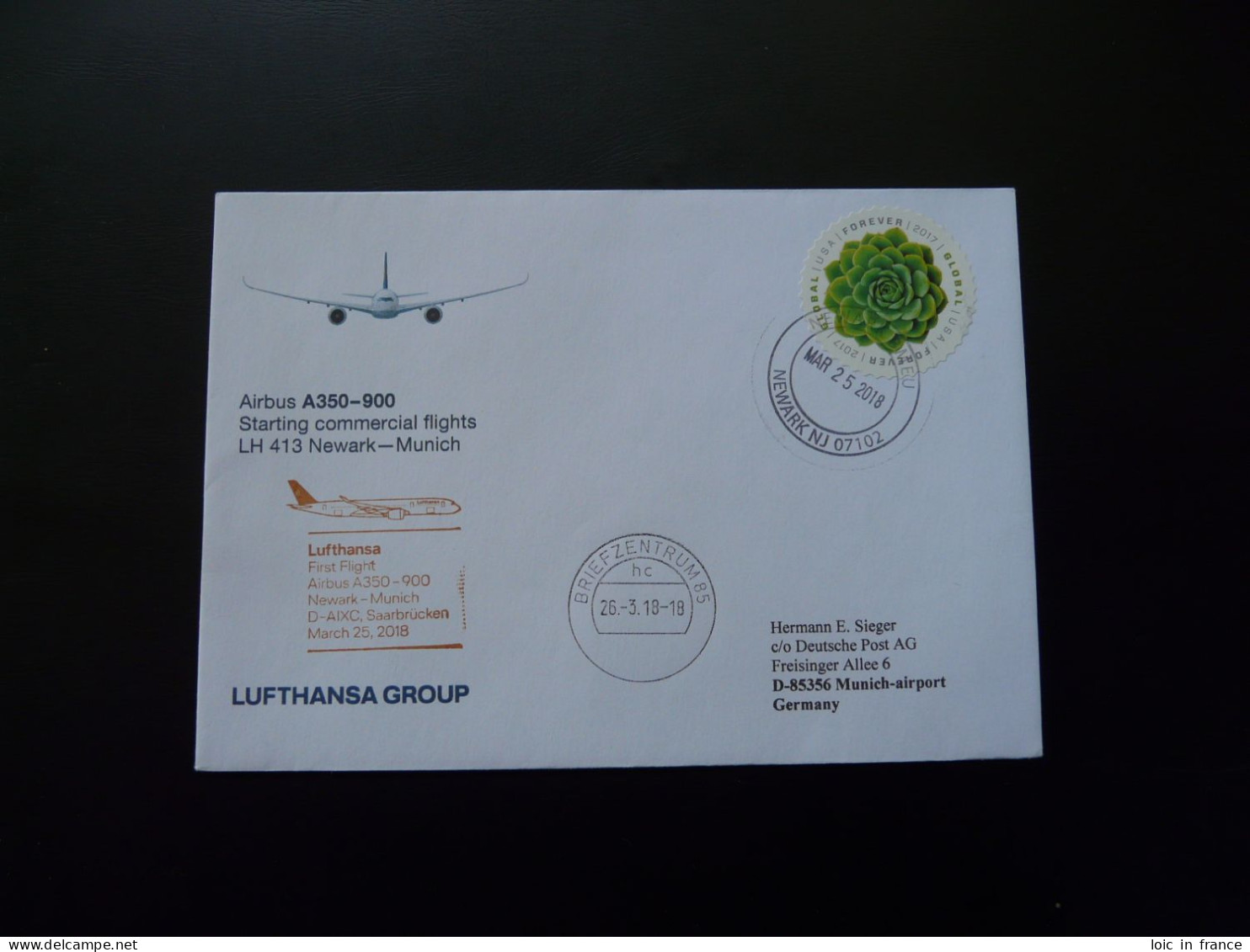 Lettre Premier Vol First Flight Cover Newark Munchen Airbus A350 Lufthansa 2018 - 3c. 1961-... Covers