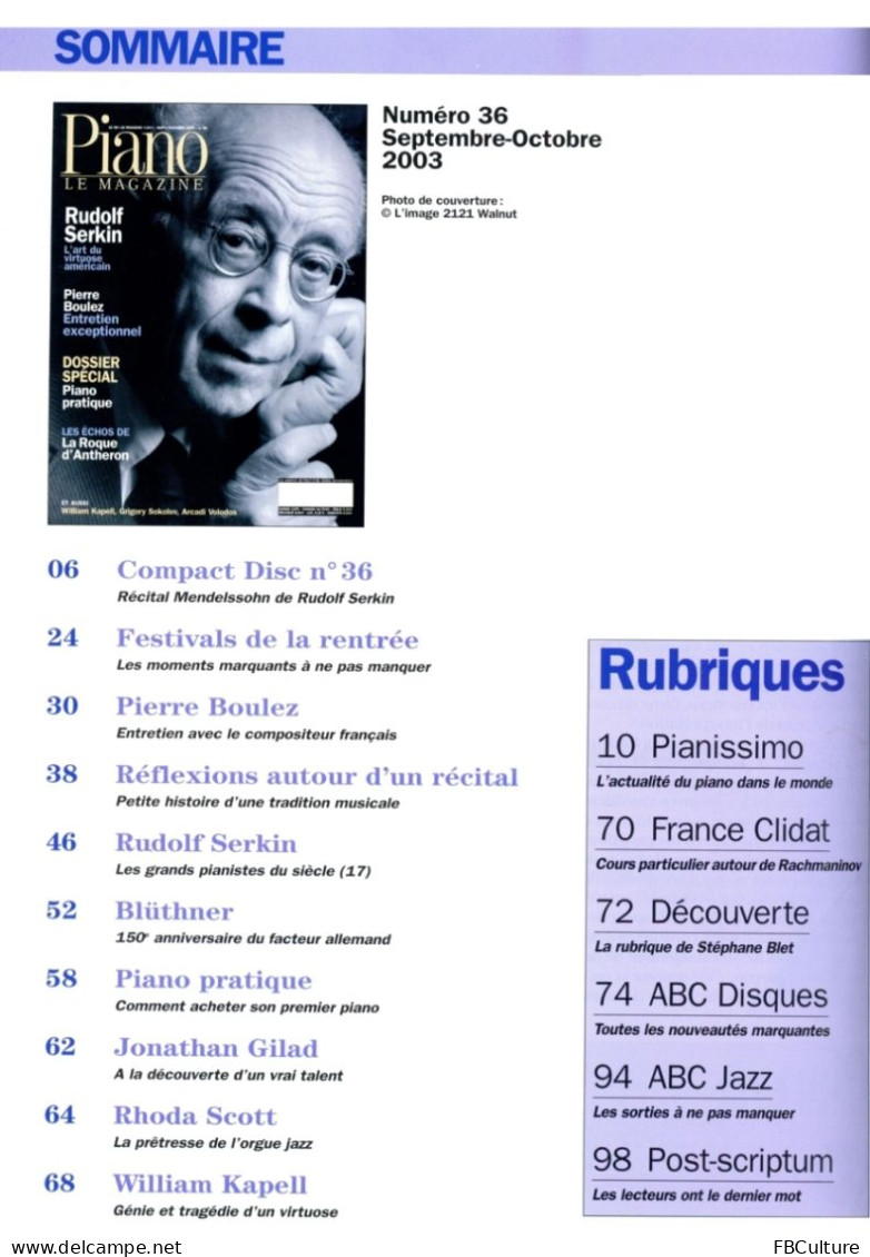 Piano Magazine N° 36 Avec CD - Sept-Oct 2003 - Rudof Serkin / Pierre Boulez - Muziek