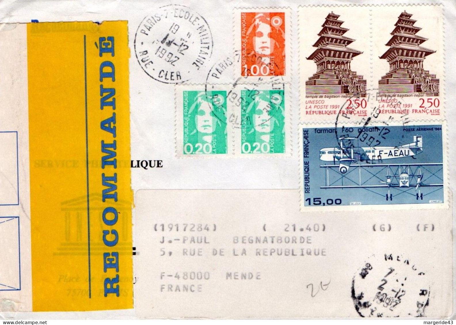 AFFRANCHISSEMENT COMPOSE SUR LETTRE RECOMMANDEE DE PARIS 7 1992 - Tarifs Postaux
