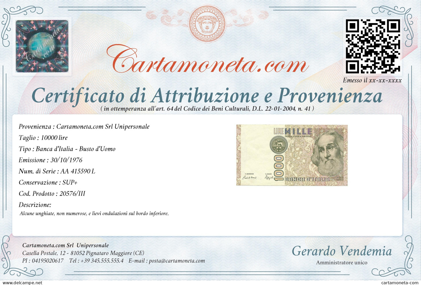 10000 LIRE RITRATTO D'UOMO A MEZZOBUSTO ANDREA DEL CASTAGNO 30/10/1976 SUP+ - Other & Unclassified