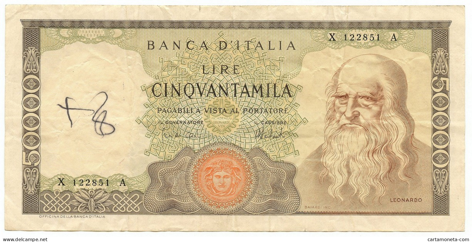 50000 LIRE BANCA D'ITALIA LEONARDO DA VINCI MEDUSA 16/05/1972 BB- - Autres & Non Classés