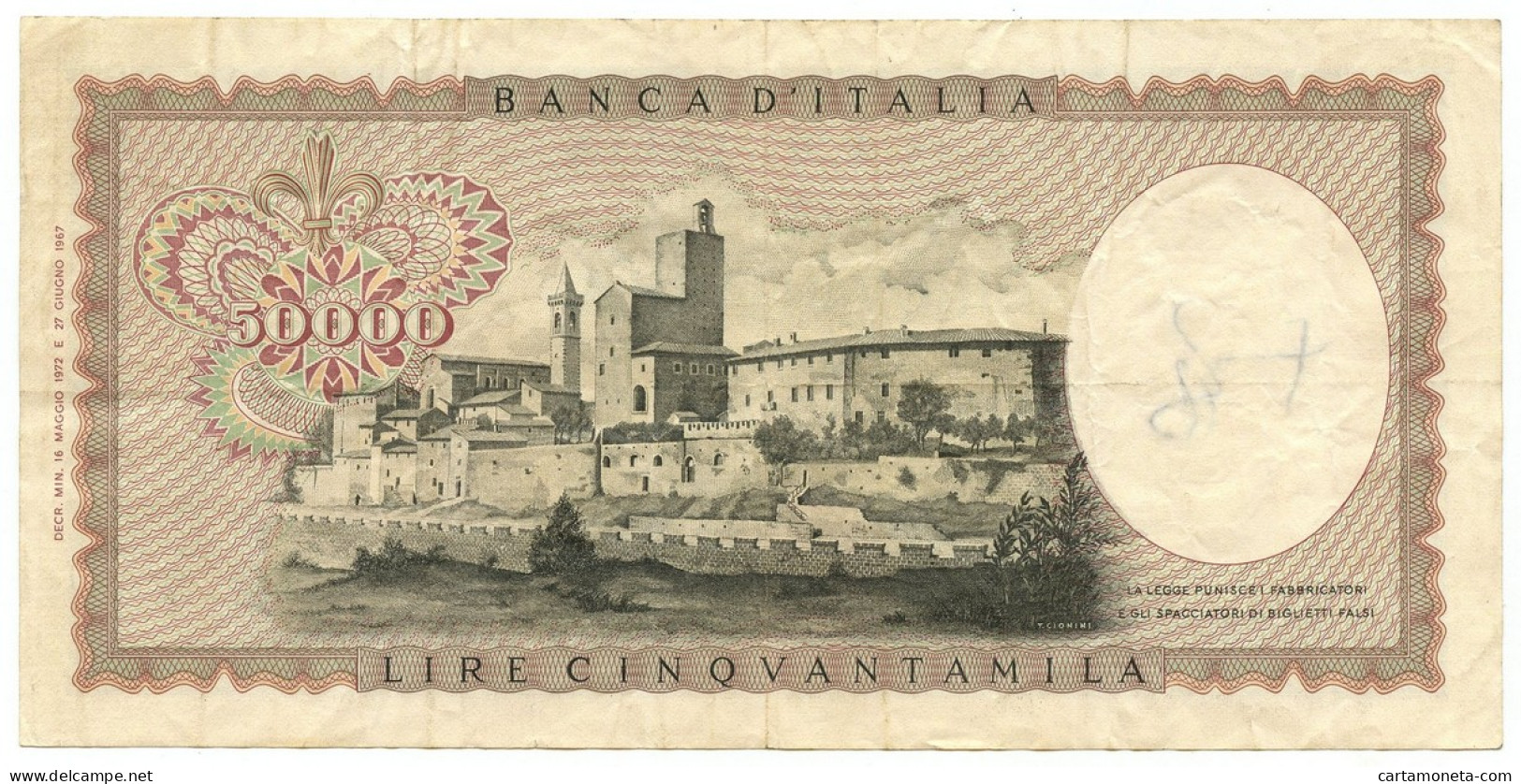 50000 LIRE BANCA D'ITALIA LEONARDO DA VINCI MEDUSA 16/05/1972 BB- - Autres & Non Classés