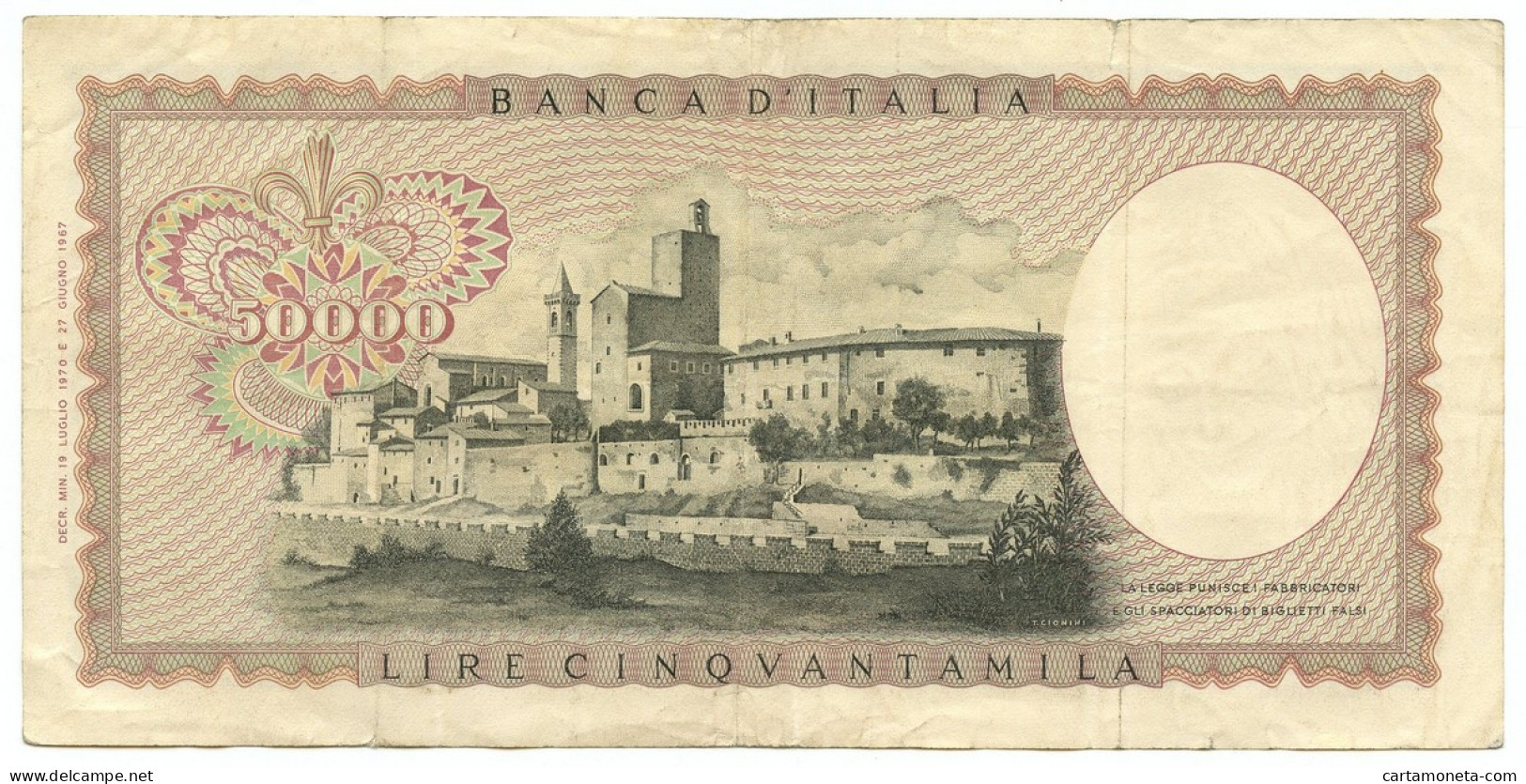 50000 LIRE BANCA D'ITALIA LEONARDO DA VINCI MEDUSA 19/07/1970 BB - Autres & Non Classés