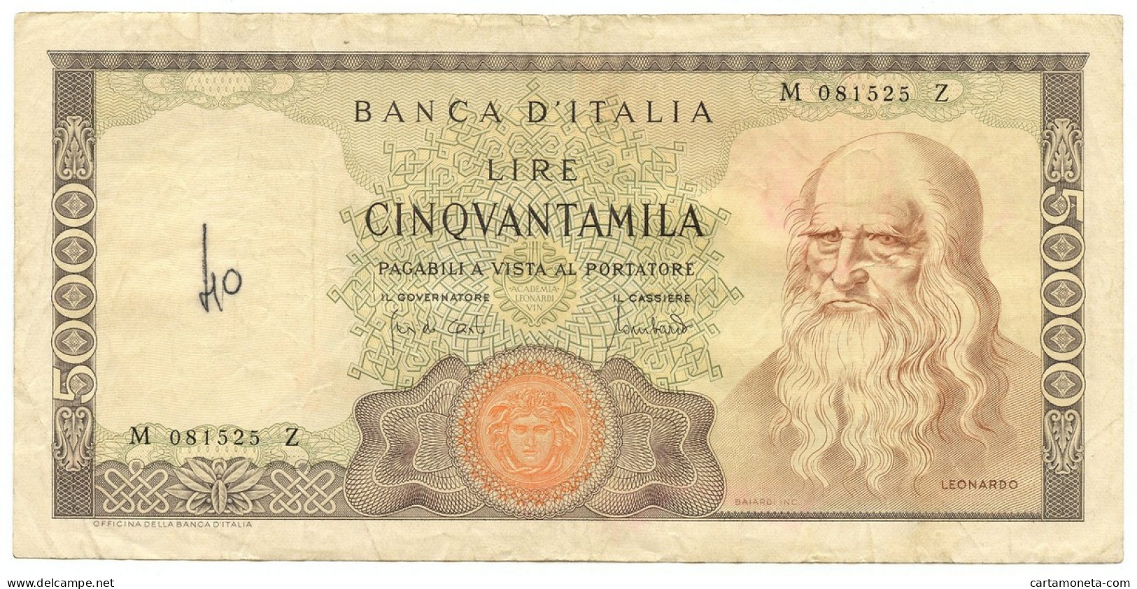 50000 LIRE BANCA D'ITALIA LEONARDO DA VINCI MEDUSA 19/07/1970 BB- - Autres & Non Classés