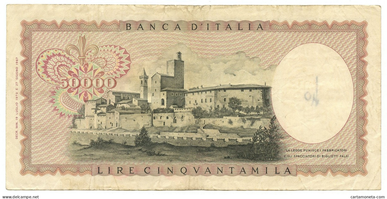 50000 LIRE BANCA D'ITALIA LEONARDO DA VINCI MEDUSA 19/07/1970 BB- - Autres & Non Classés