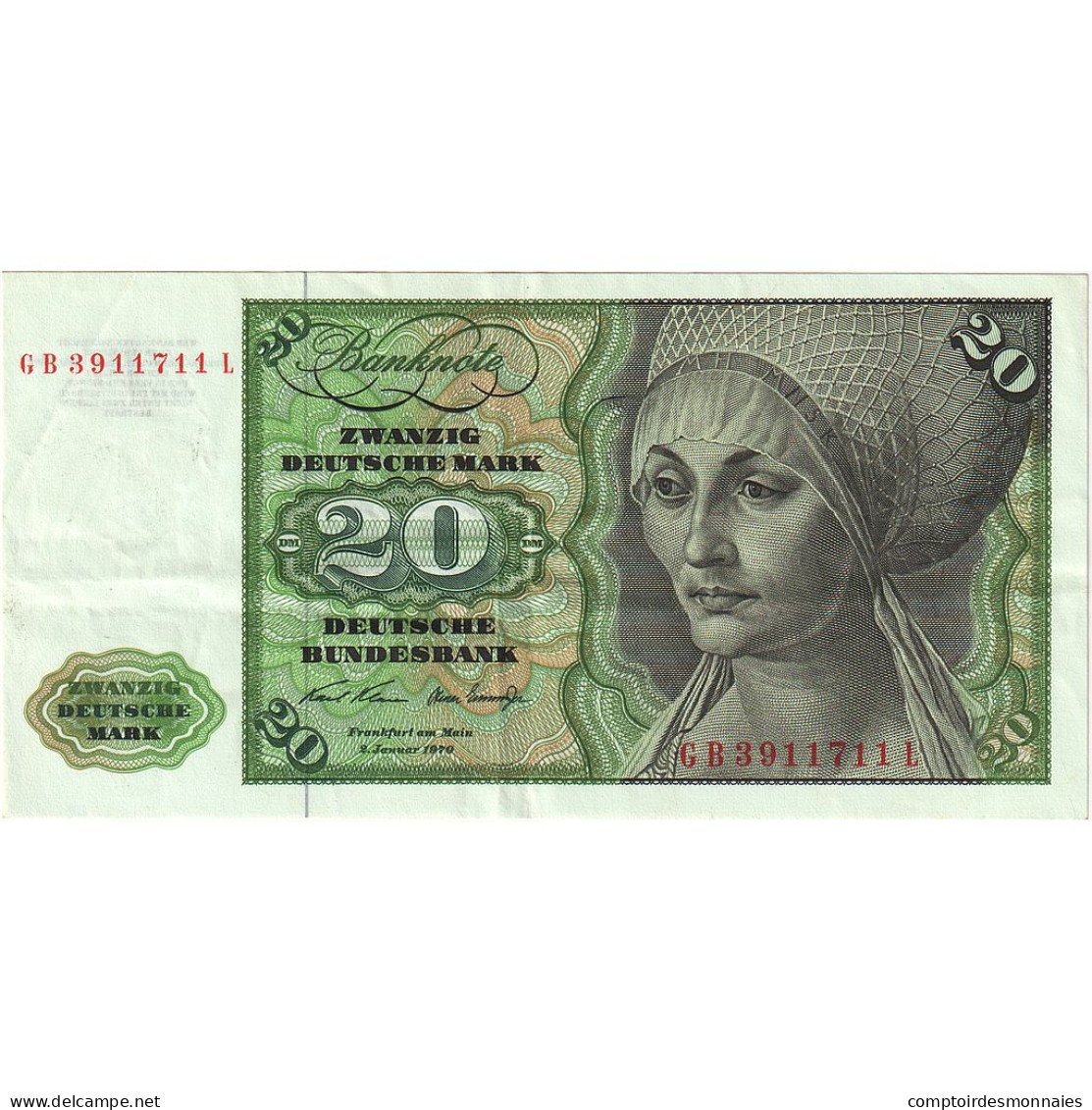 République Fédérale Allemande, 20 Deutsche Mark, 1970-01-02, TTB+ - 20 Deutsche Mark