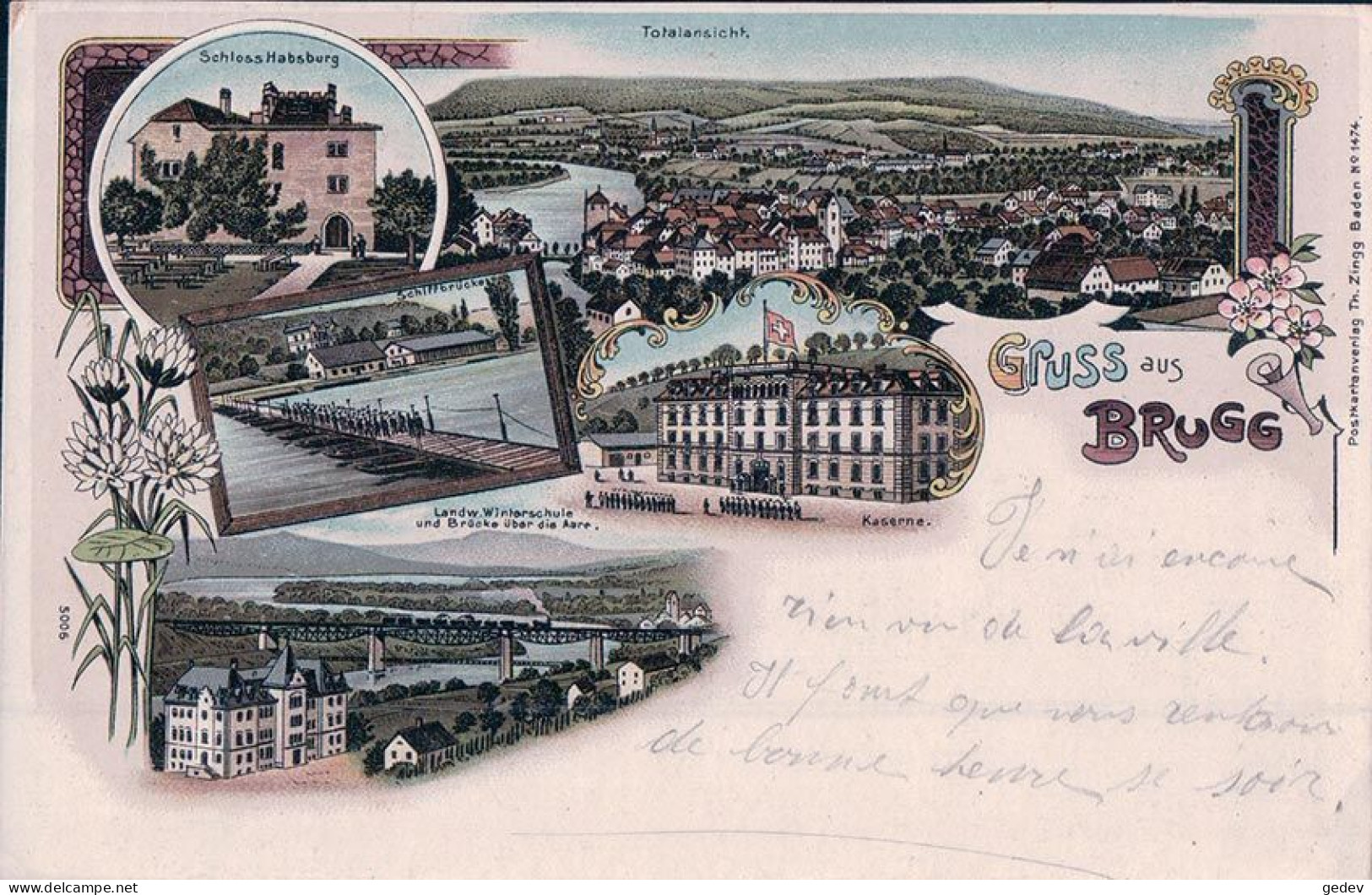 Gruss Aus Brugg, Litho Couleur 5 Vues, Cachet Militaire Ovale "Genie-Schulen" (10.10.1906) - Brugg