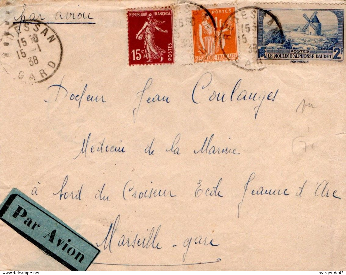 AFFRANCHISSEMENT COMPOSE SUR LETTRE AVION DE REDESSAN POUR MARSEILLE 1938 - Tarifs Postaux