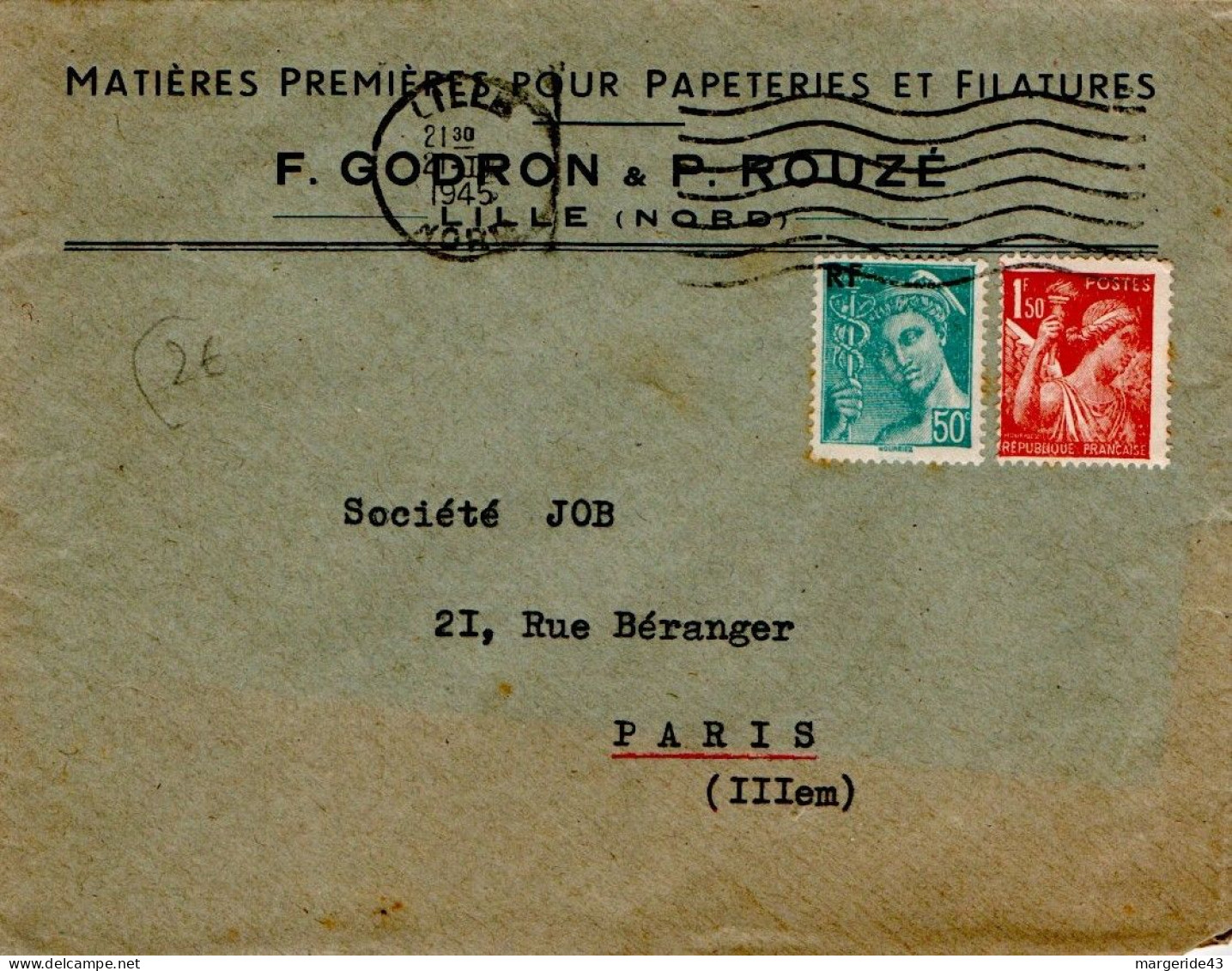 AFFRANCHISSEMENT COMPOSE SUR LETTRE DE LILLE 1945 - Postal Rates