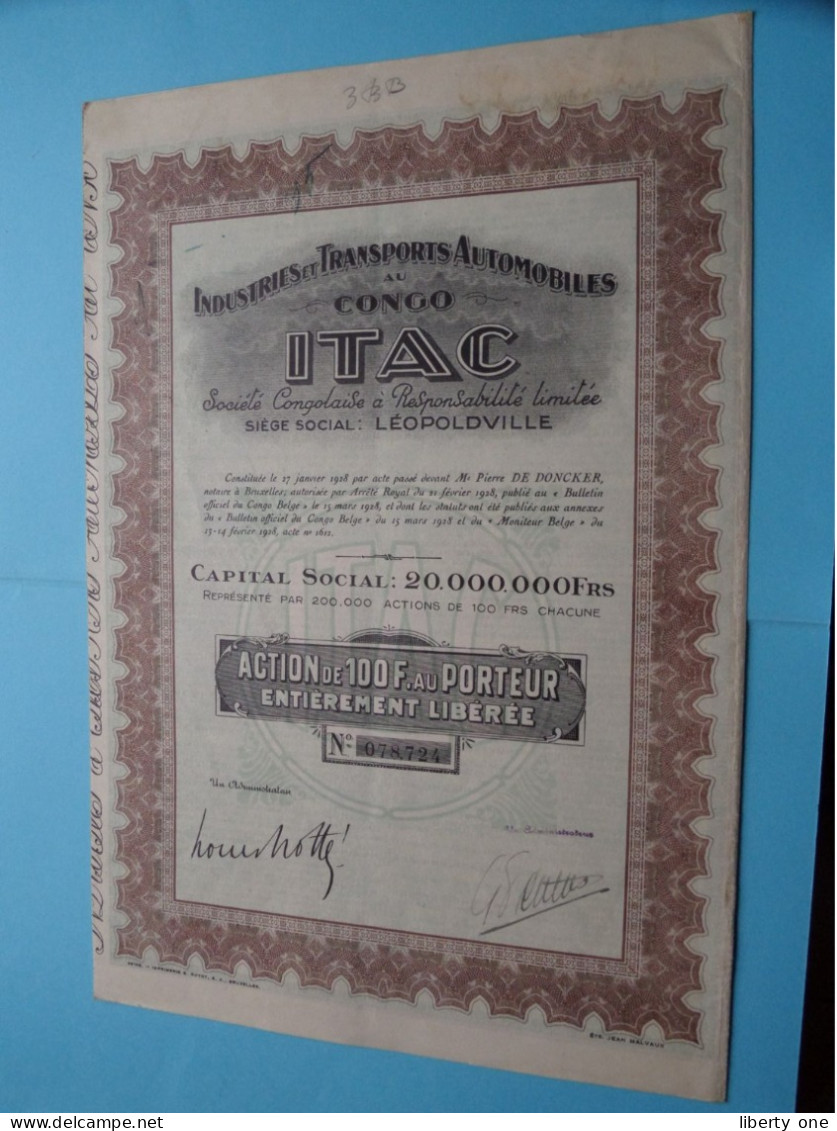 Congo " ITAC " > Action De 100 Fr. Au Porteur > N° 078724 ( Zie/voir SCAN ) 1933 ! - Africa