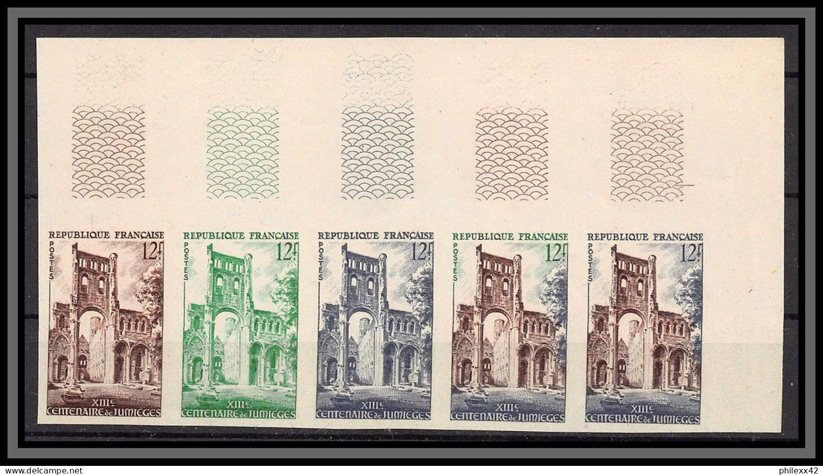 France N°985 Abbaye De Jumièges Eglise Church Bande Trial Color Proof Non Dentelé Imperf ** MNH - Color Proofs 1945-…