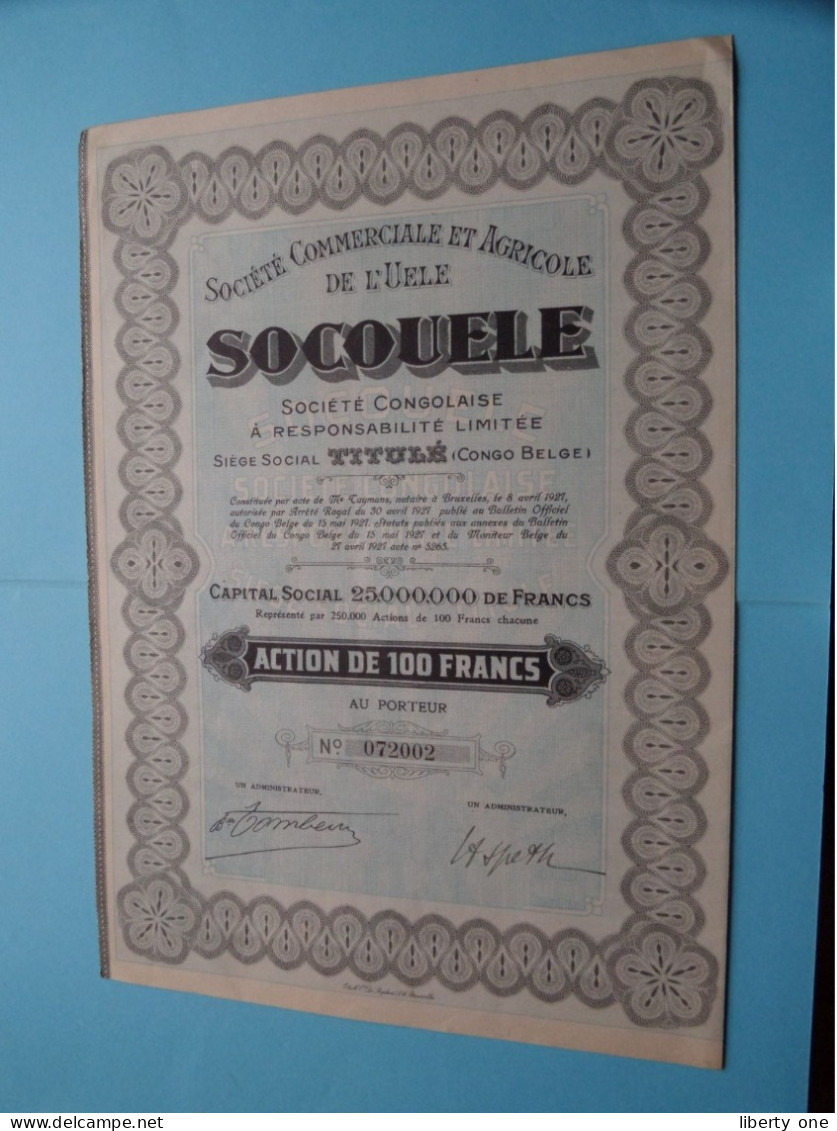 SOCOUELE > Action De 100 Fr. Au Porteur > N° 072002 ( Zie/voir SCAN ) ! - Africa