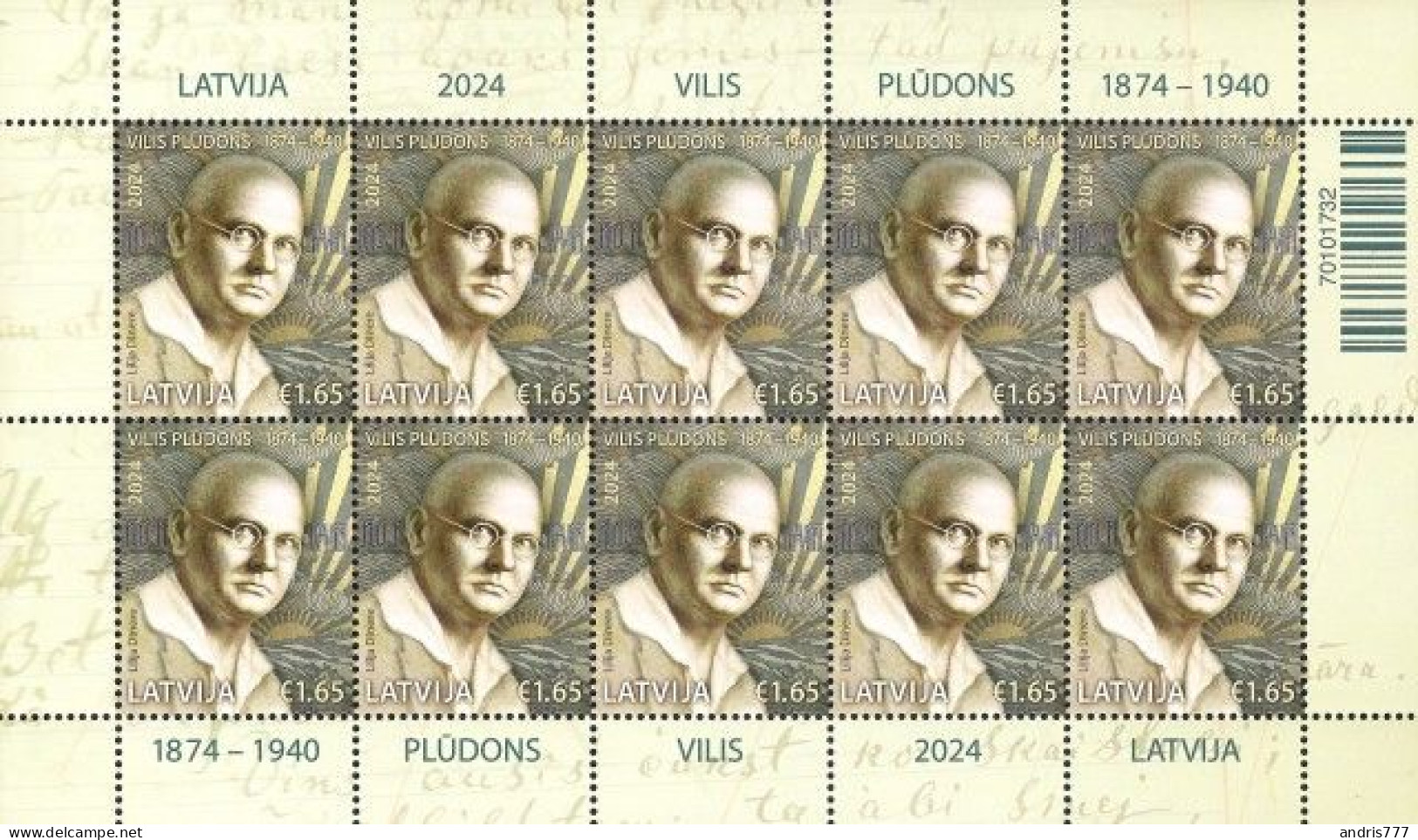 Latvia Lettland Lettonie 2024 (04) Vilis Pludons - 150 - Latvian Romantic Poet And Writer (sheet) - Lettland