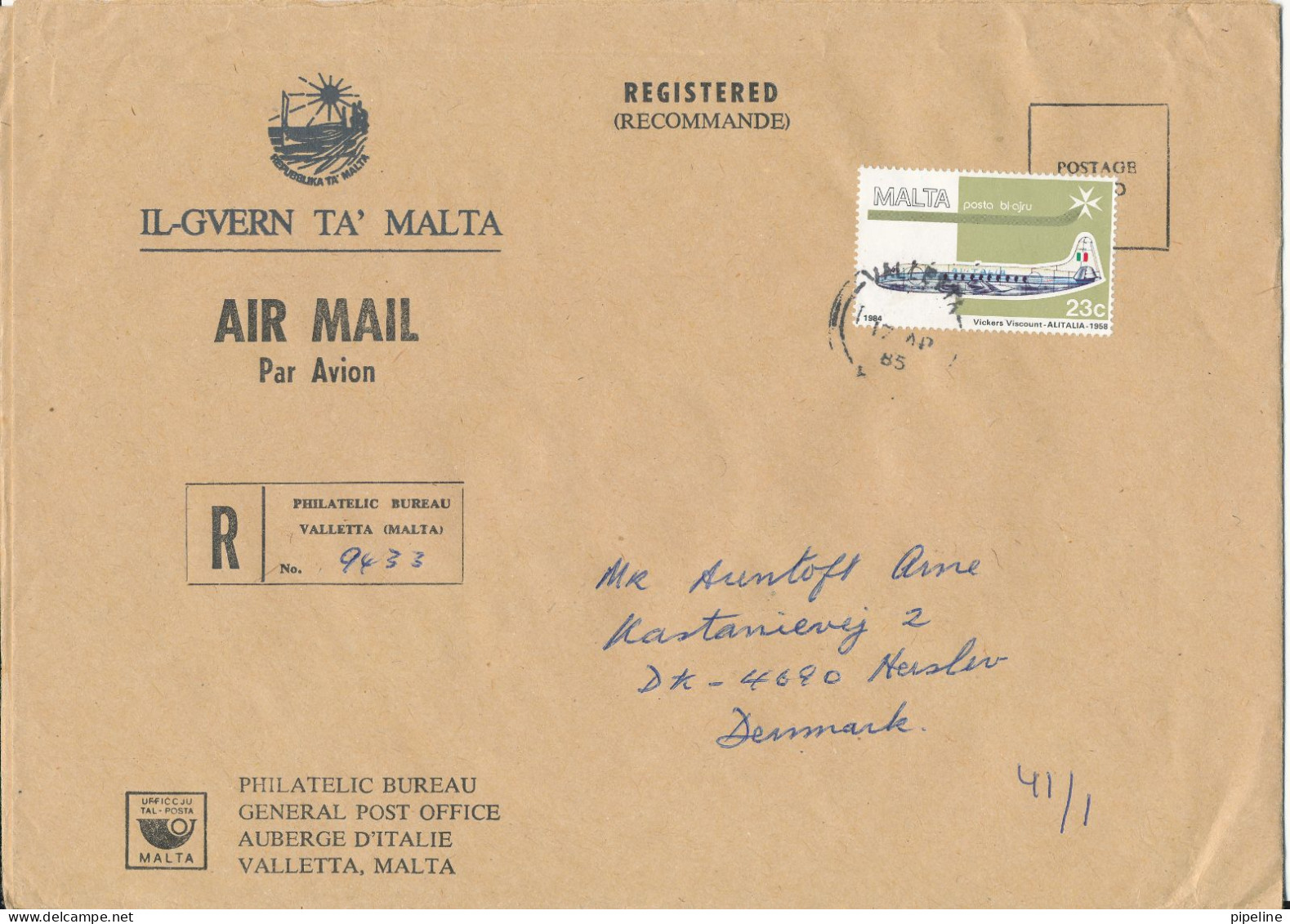 Malta Registered Cover Sent To Denmark 17-4-1985 Single Franked - Malte