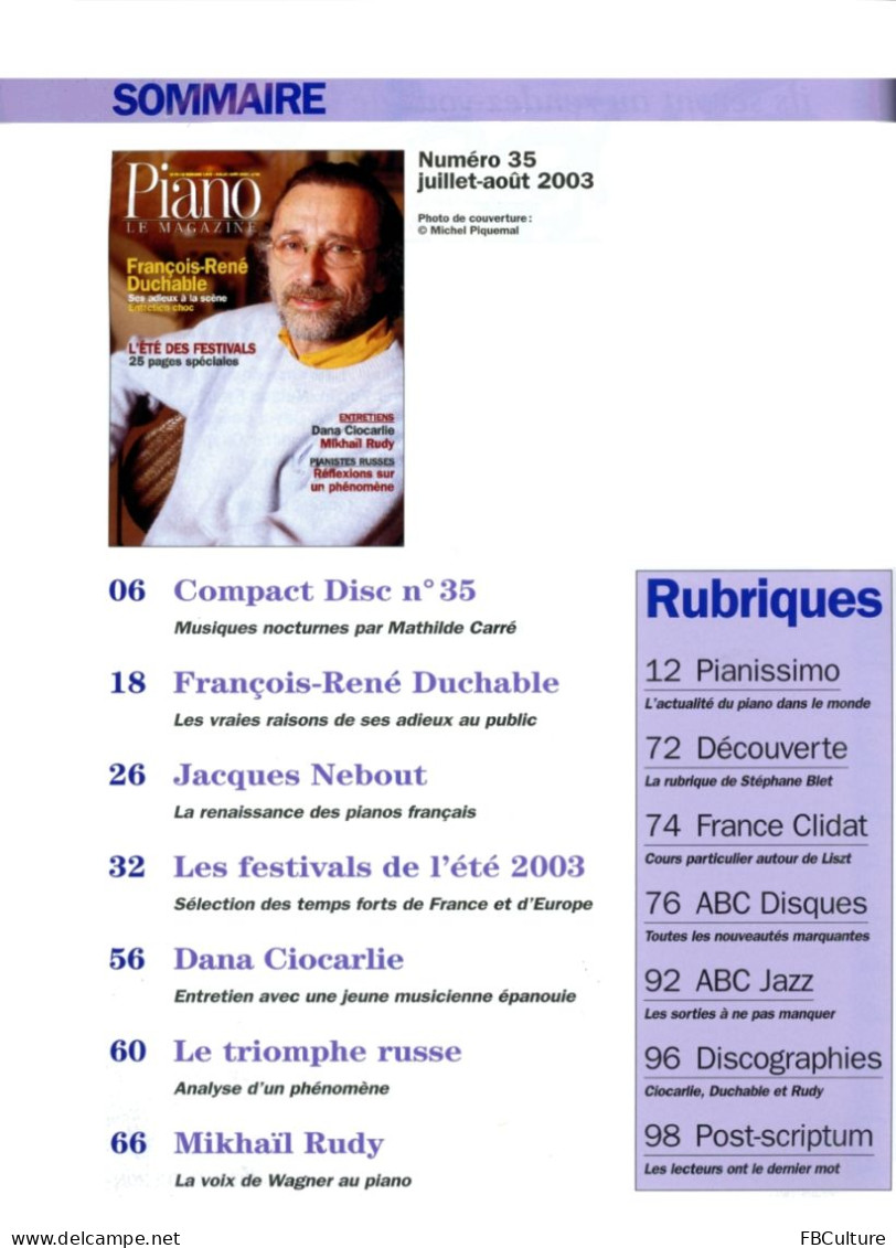 Piano Magazine N° 35 Avec CD - Juillet-Août 2003 - François-René Duchable - Muziek