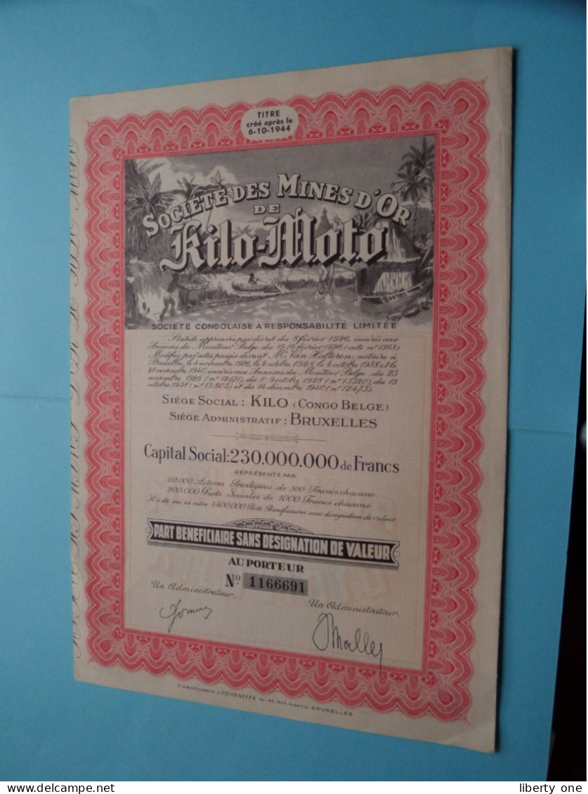 KILO-MOTO > Part Beneficiaire Sans Designation De Valeur Au Porteur > N° 1166691 ( Zie/voir SCAN ) Après 1944 ! - Africa