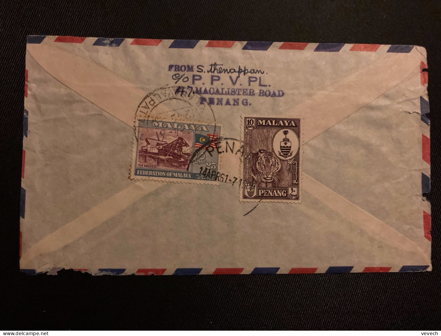 LETTRE Par Avion Pour INDE TP TIGRE 10c + TP 25 OBL.14 APR 61 PENANG - Malaya (British Military Administration)