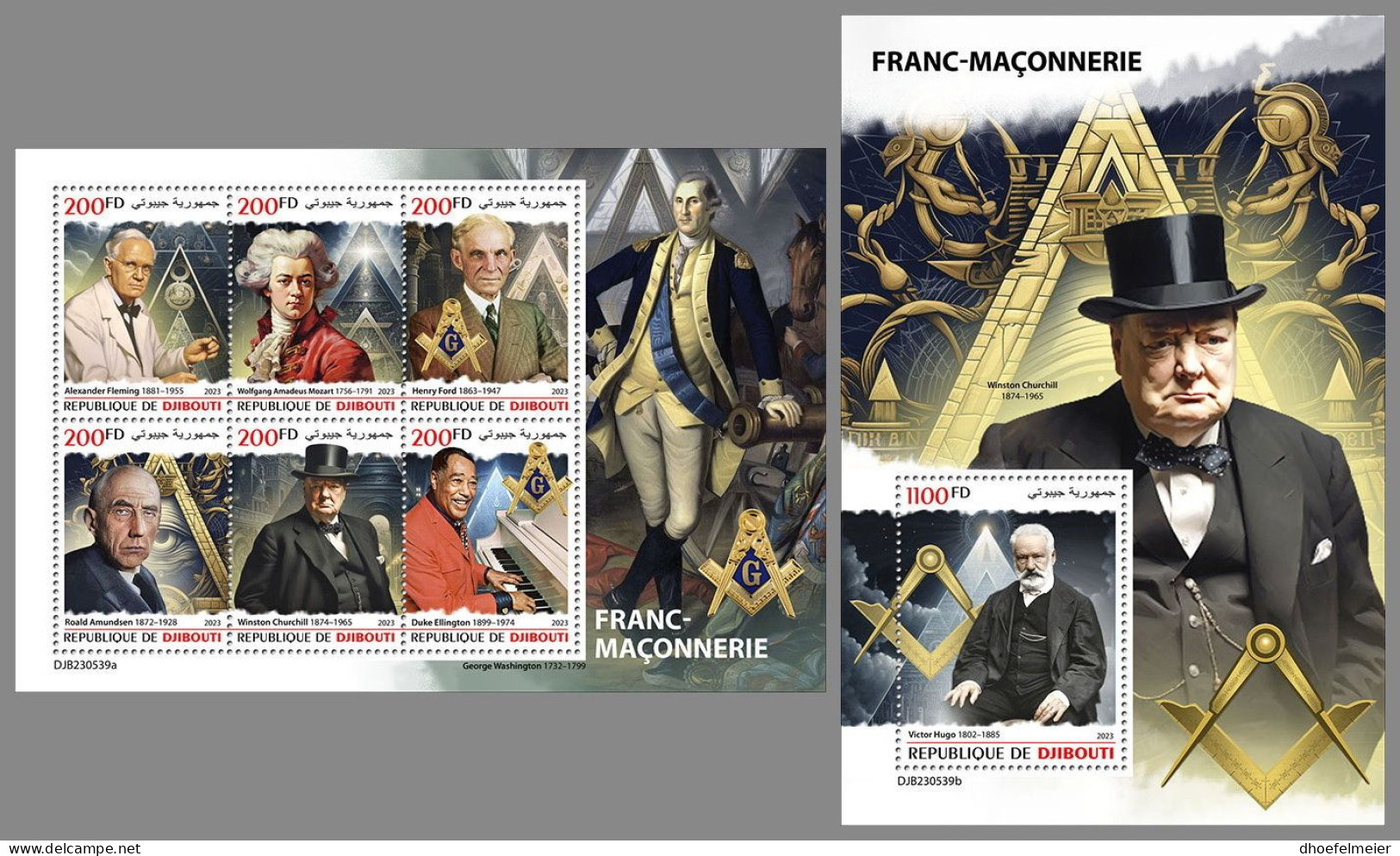 DJIBOUTI 2023 MNH Freemasonry Freimaurer M/S+S/S – OFFICIAL ISSUE – DHQ2410 - Francmasonería