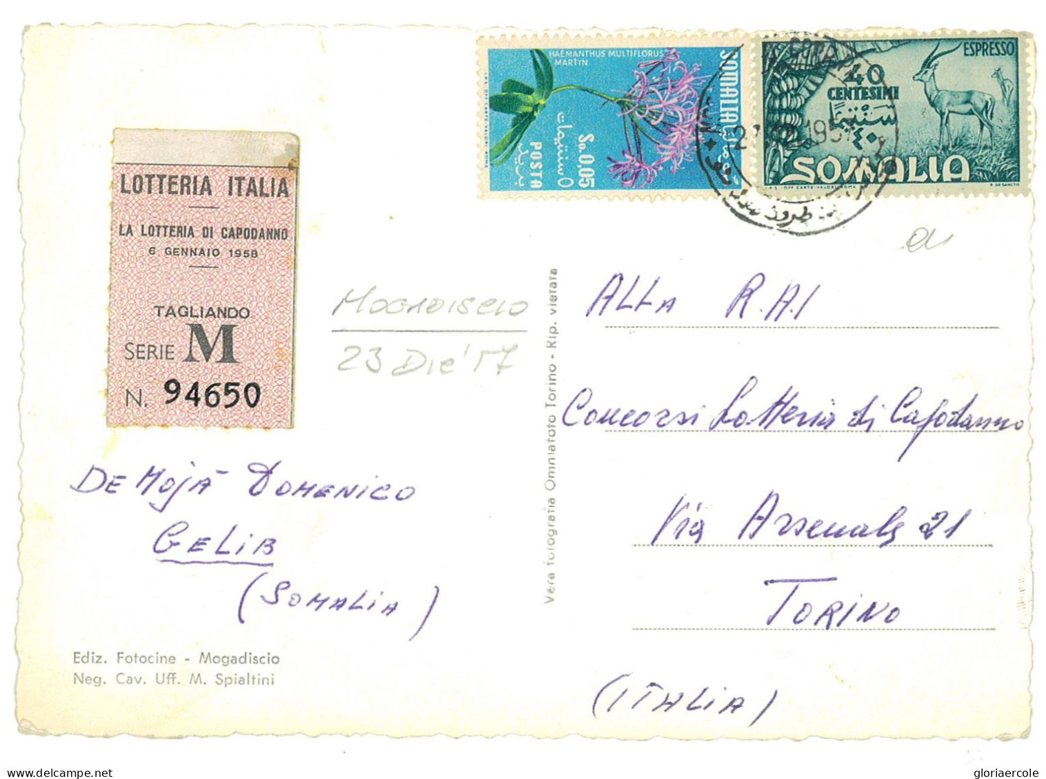 P2685 - SOMALIA AFIS , 0,40 ESPRESS0 + 0.05 FLORA, CARTOLINA CON SOLO FIRMA PER TORINO. - Somalia (AFIS)