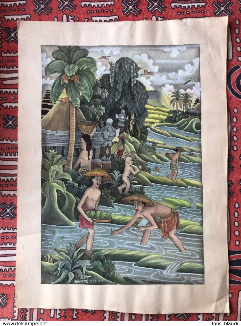 Warta Ida Bagus Ketut (1919-1983) Artiste Indonésien - La Plantation Du Riz - Gouache Originale En Couleurs - Tempere