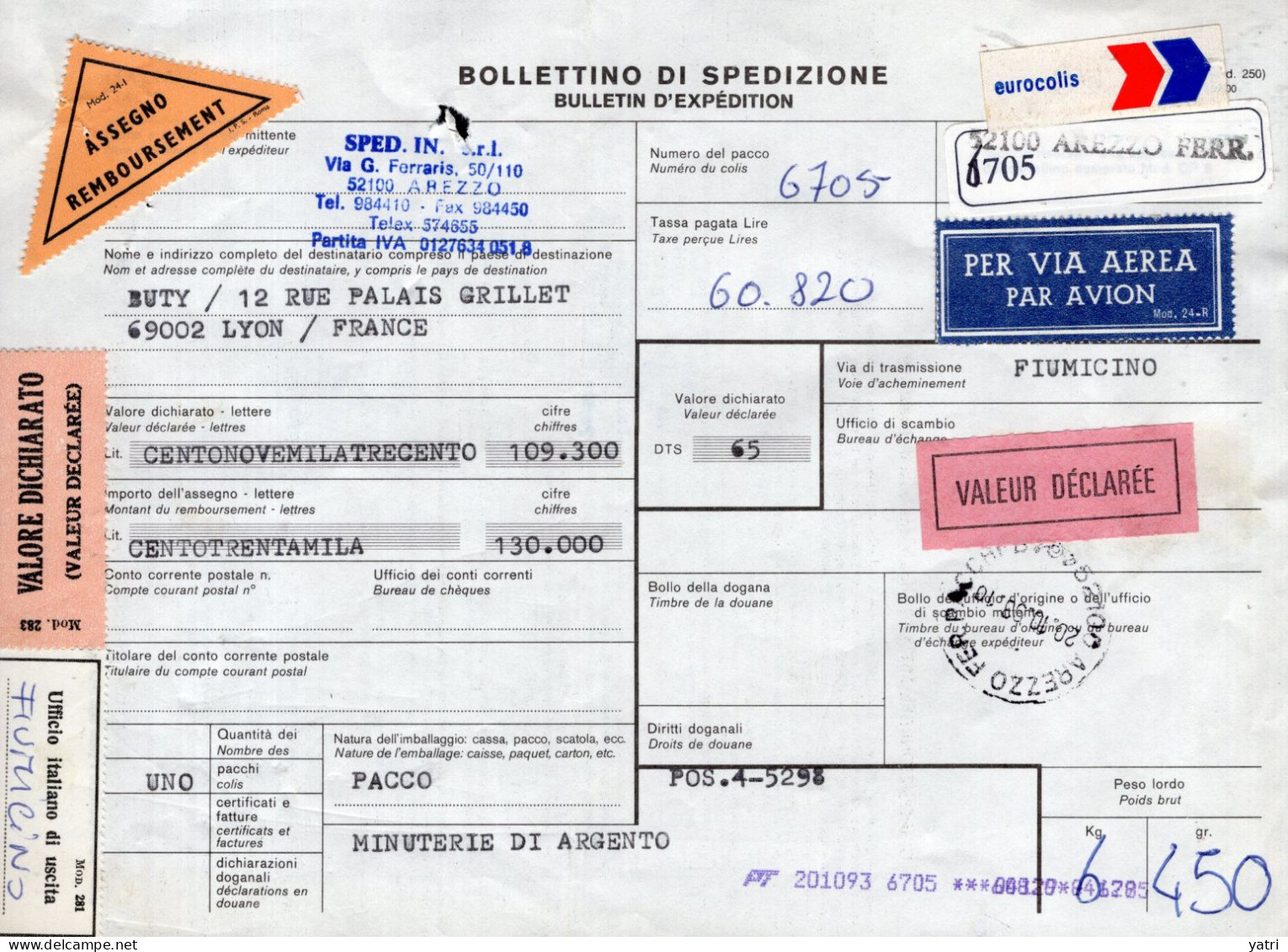 Italia (1989) - Bollettino Pacchi Assicurato Contrassegno Via Aerea Per La Francia - Postpaketten