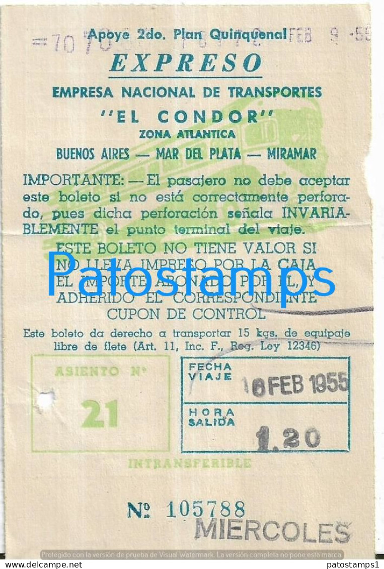 225226 ARGENTINA MAR DEL PLATA PERONISMO 2º PLAN QUINQUENAL EXPRESO EL CONDOR AÑO 1955 TICKET NO POSTAL POSTCARD - Argentinië