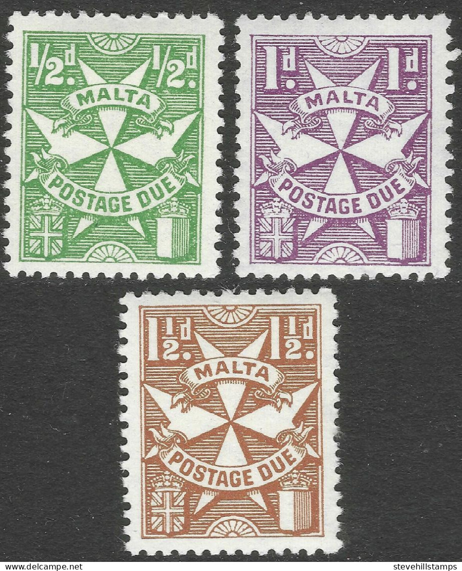 Malta. 1967-70 Postage Due. ½d, 1d, 1½d MH. Maltese Cross W/M. P12½. SG D32, D33, D34. M3026 - Malte