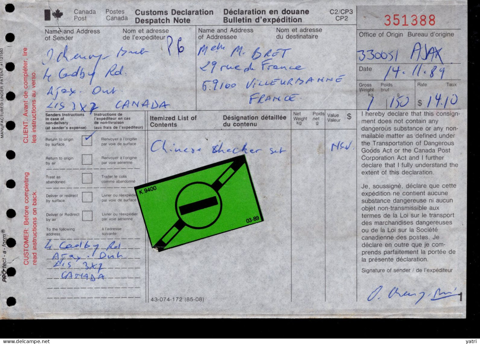 Canada (1989) - Dichiarazione Doganale Di Bollettino Pacchi Per La Francia - Postal History