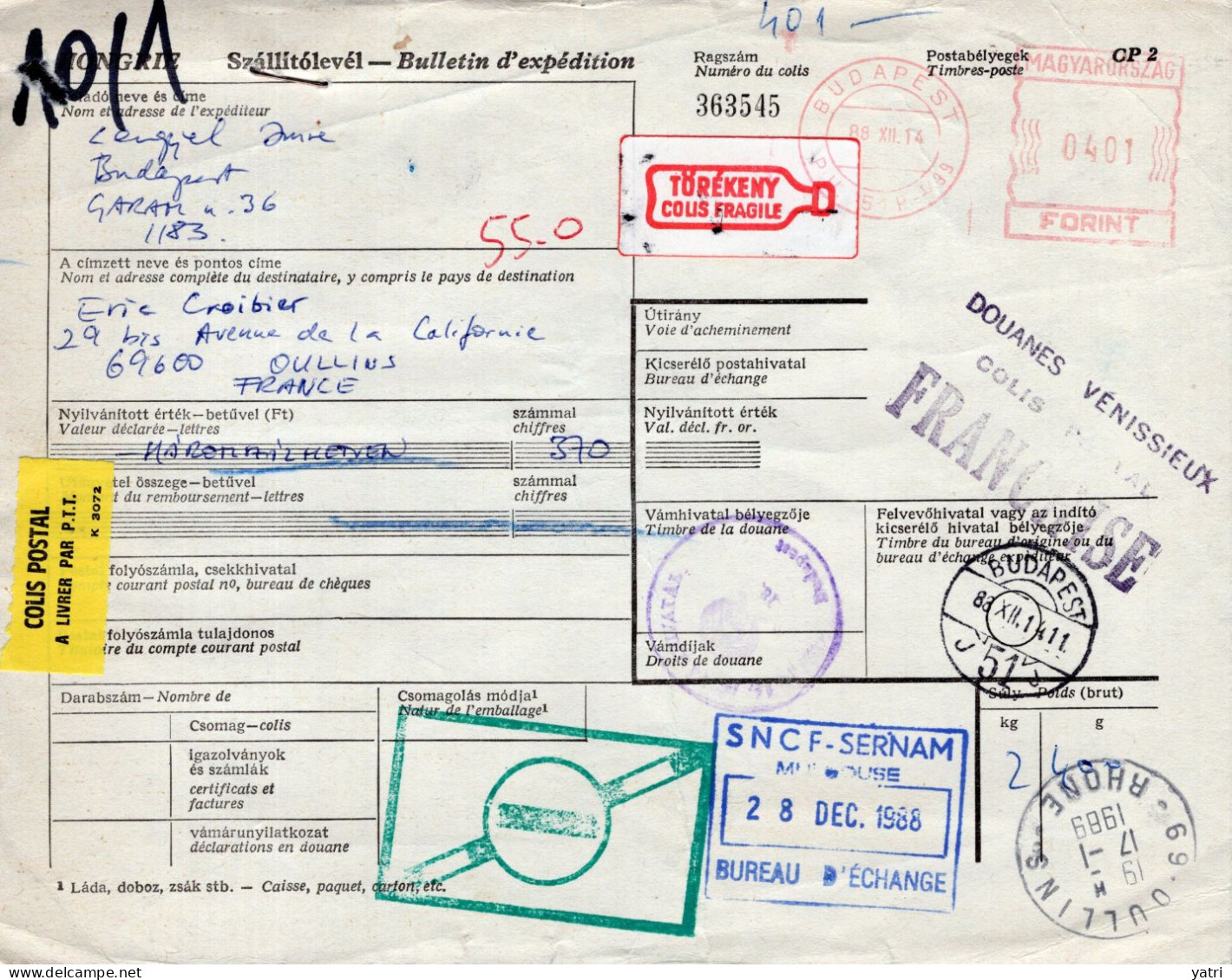 Ungheria (1988) - Bollettino Pacchi Per La Francia - Briefe U. Dokumente