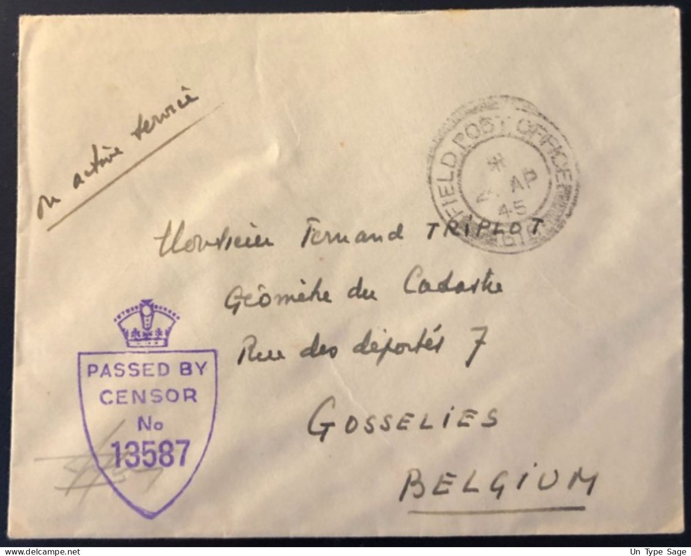 Grande Bretagne - WW2 - FIELD POST OFFICE 25.4.1945 + Censure Sur Enveloppe Pour La Belgique - (B1891) - Brieven En Documenten