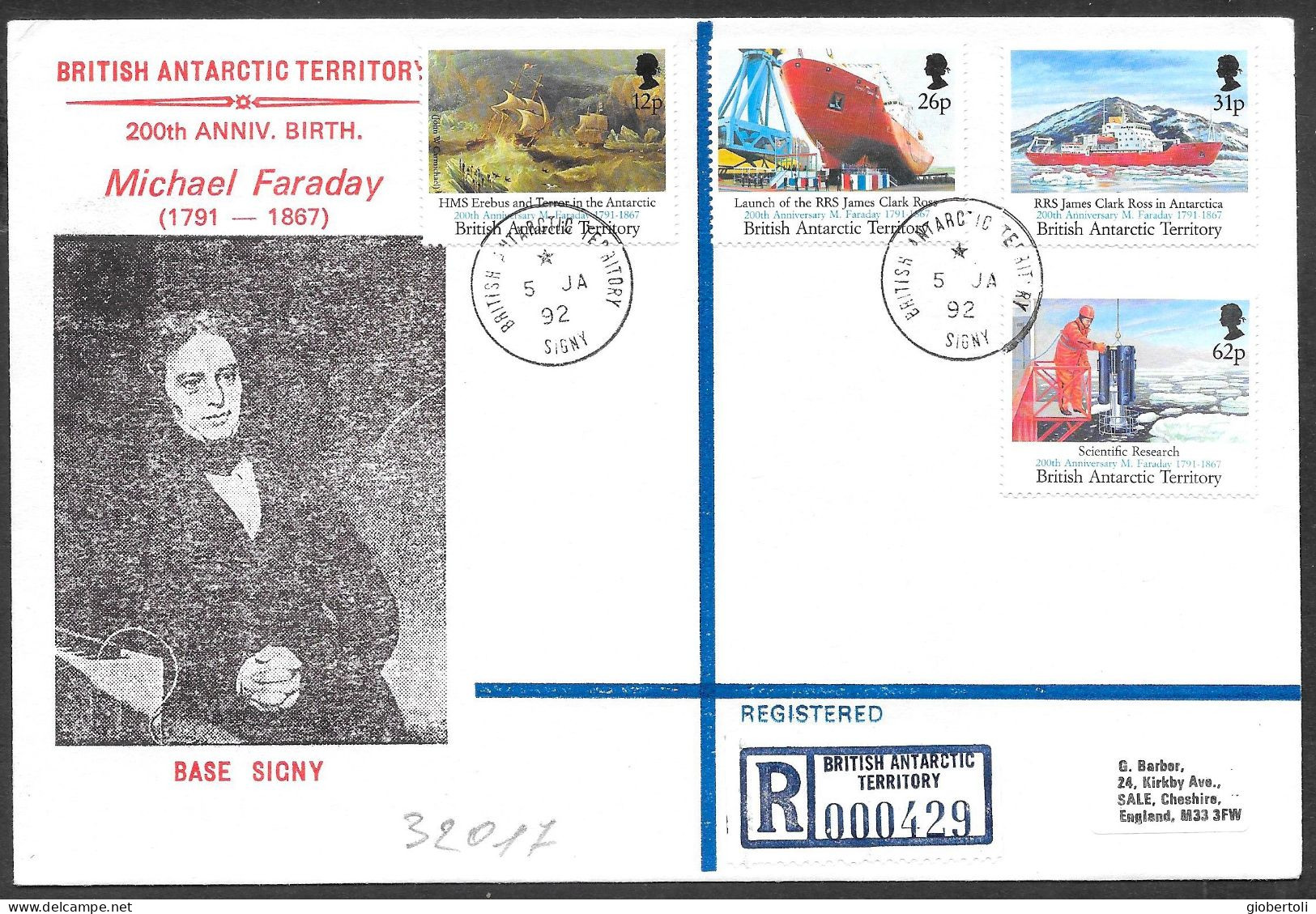 Antartico Britannico/British Antarctic/Antarctique Britannique: Raccomandata, Registered, Recommandé, Michael Faraday - Fysica