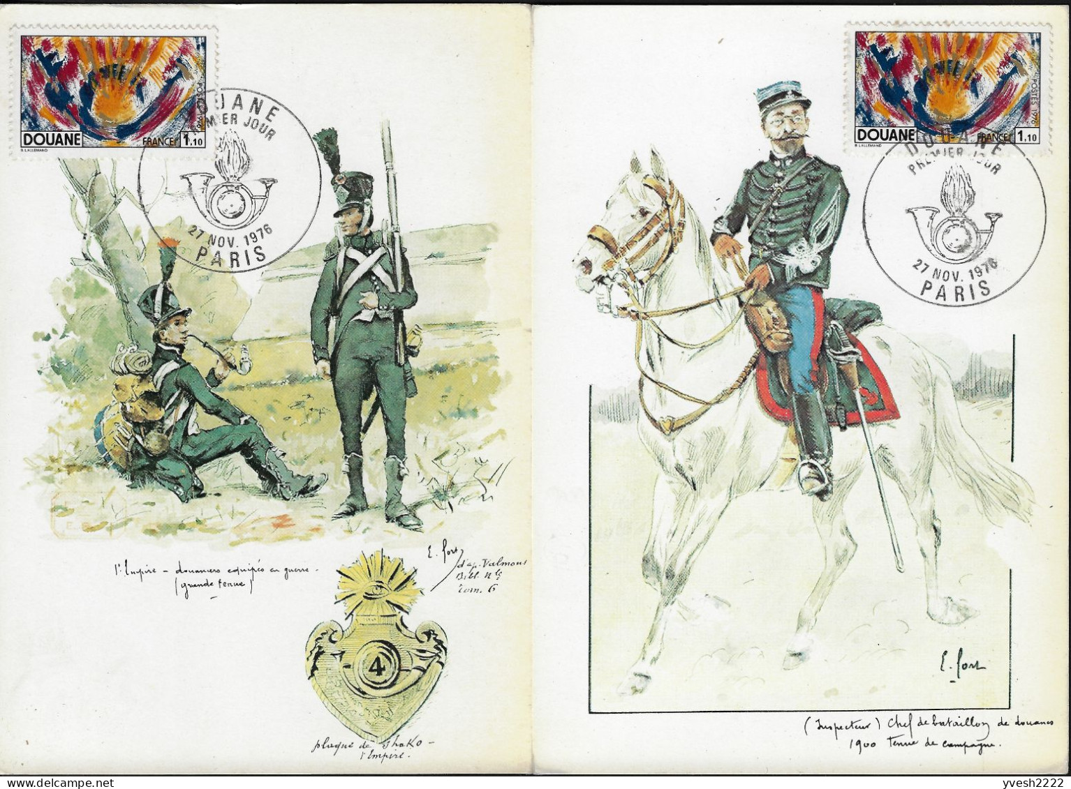 France 1976 Y&T 1912. 2 Cartes Maximum. La Douane Française. Peinture, De Bernard Lallemand, Cor De Chasse Et Grenades - Moderne