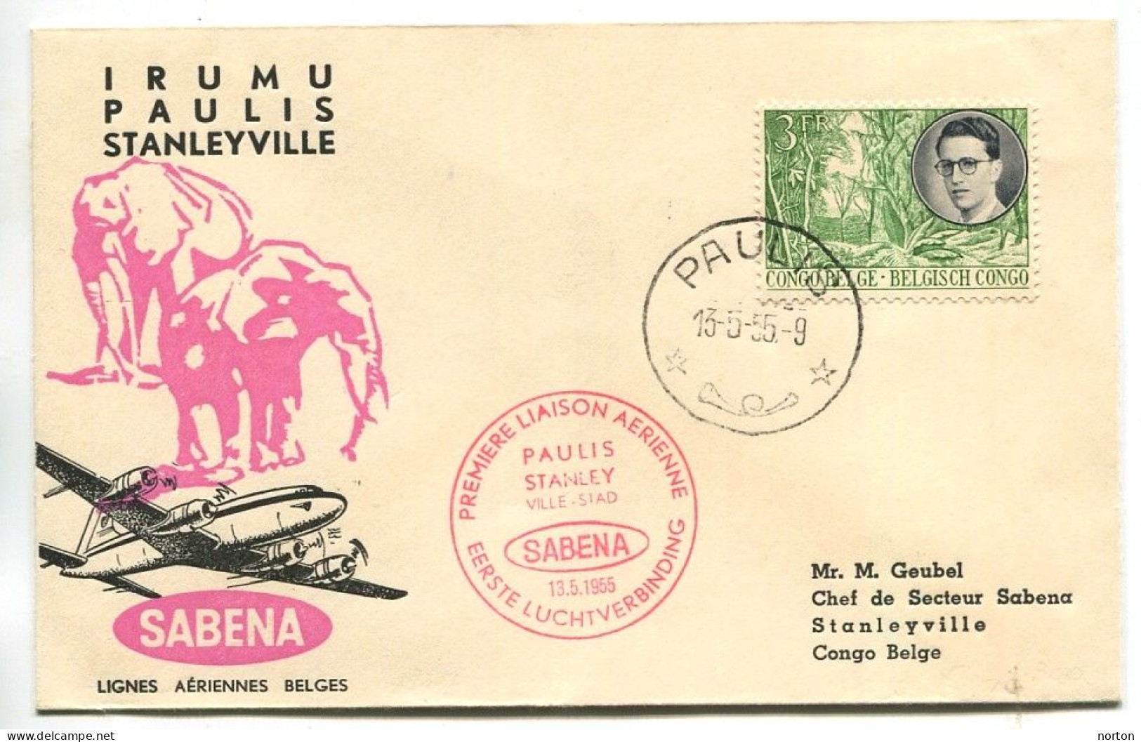 Congo Paulis Oblit. Keach 8A1 Sur C.O.B. 334 Sur Lettre Sabena 1ere Liaison Aér. Irumu-Paulis-Stanleyville Le 13/05/1955 - Lettres & Documents