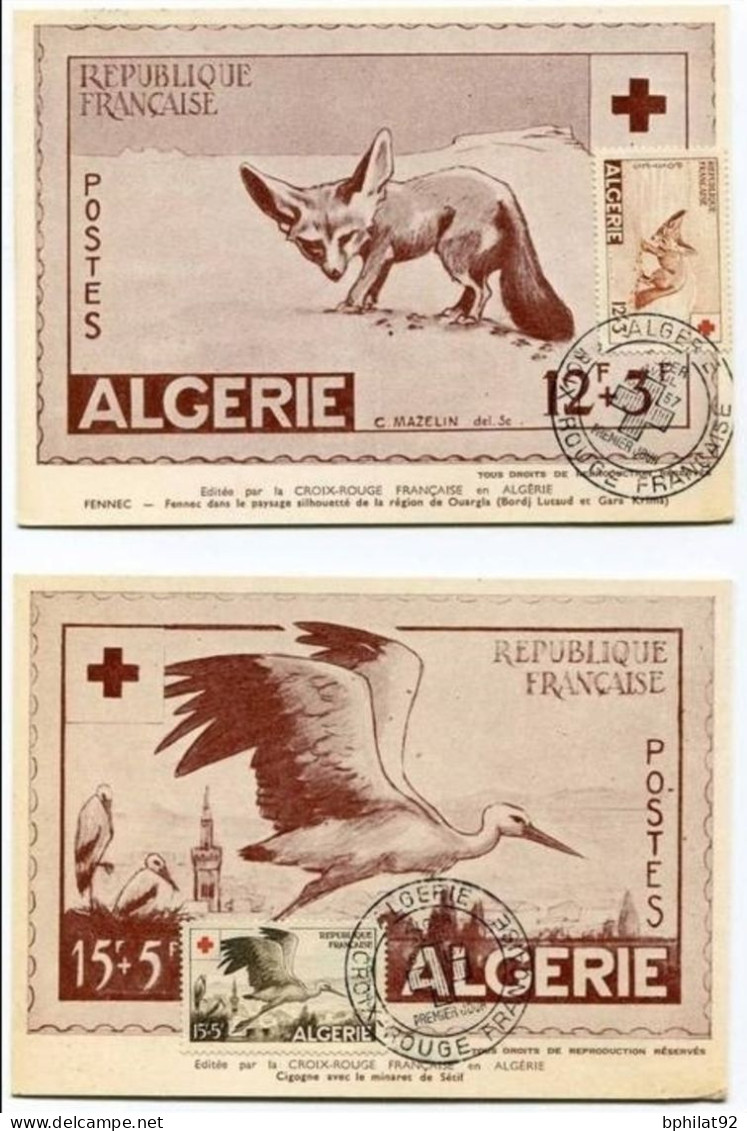 !!! ALGERIE PAIRE DE CROIX ROUGE 1957 SUR CARTES MAXIMUM - Maximum Cards