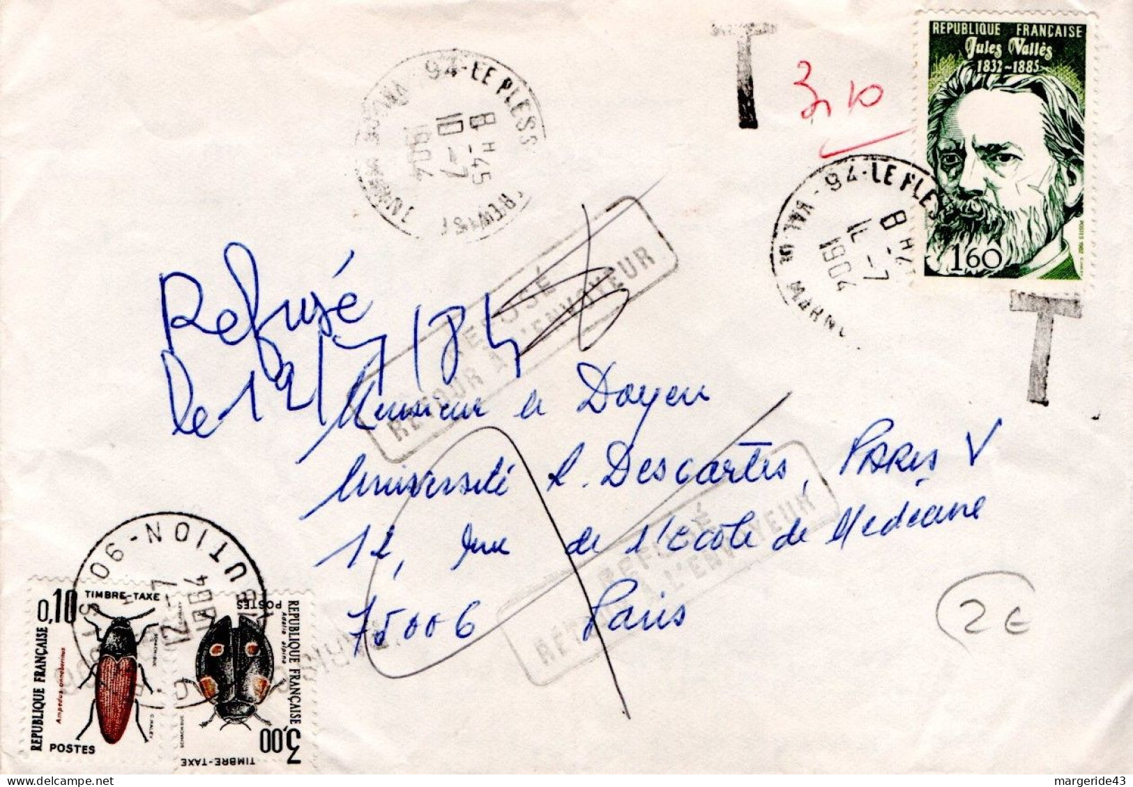 LETTRE DE LE PLESSIS TREVISE TAXEE A L'ARRIVEE A PARIS 1984 - Posttarife