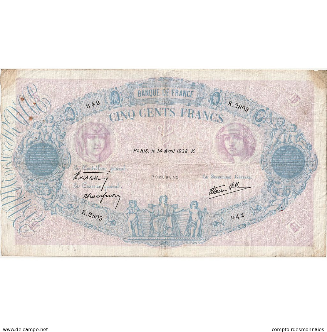 France, 500 Francs, Bleu Et Rose, 1938, K.2809, TB, Fayette:31.8, KM:88c - 500 F 1888-1940 ''Bleu Et Rose''