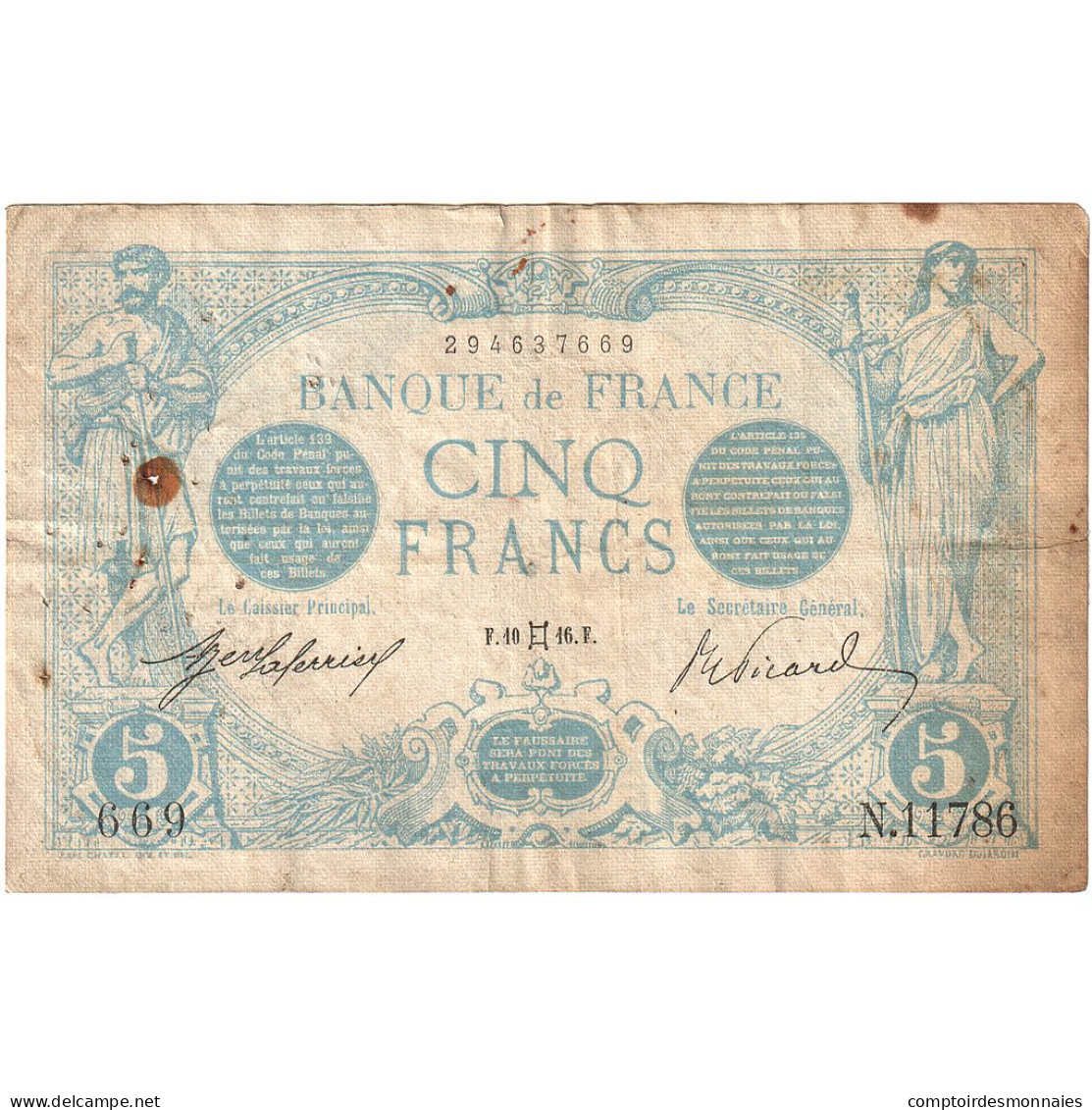 France, 5 Francs, Bleu, 1916, N.11786, B+, Fayette:2.39, KM:70 - 5 F 1912-1917 ''Bleu''