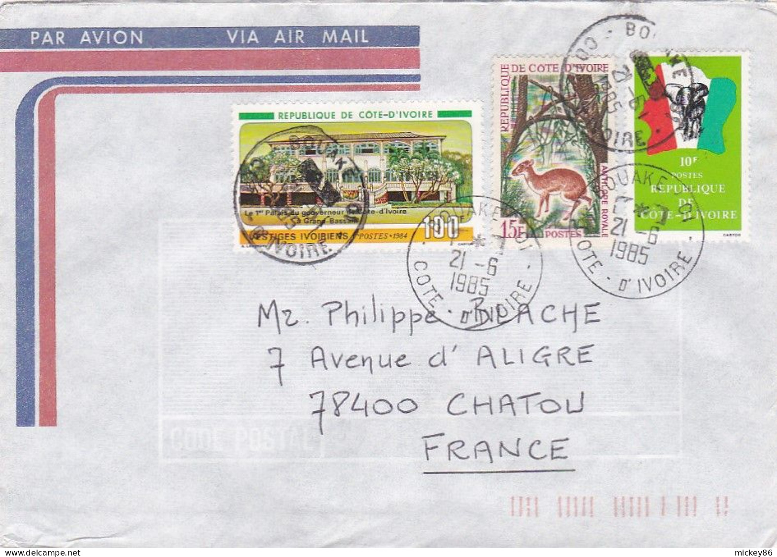 Côte D'Ivoire--1985--lettre BOUAKE 01 Pour CHATOU-78 (France)--timbres Divers......cachets - Ivory Coast (1960-...)