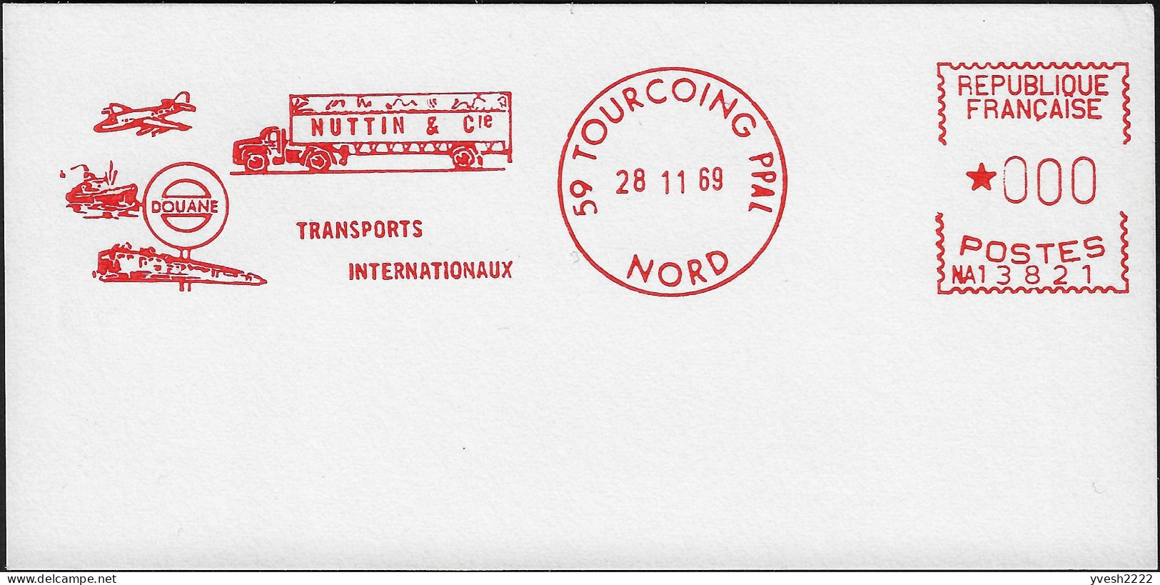 France 1969. Épreuve D'empreinte D'EMA. Transports Internationaux Nuttin à Tourcoing. Douane, Avion, Bateau Camion Train - Trucks