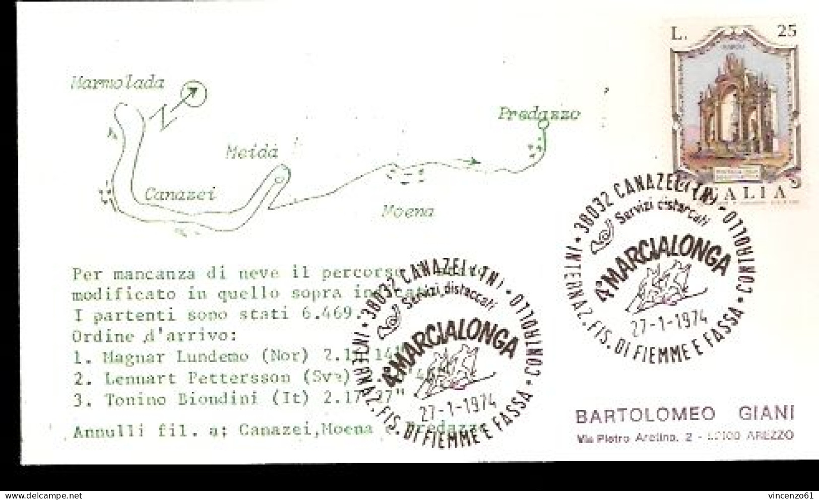 BUSTA VIAGGIATA CON ANNULLO SPECIALE MARCIALONGA 1974 CANAZEI FIEMME E FASSA - Sci