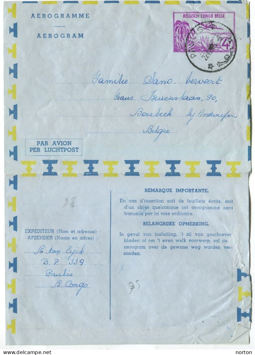 Congo Paulis Oblit. Keach 10(D) Sur Aérogramme Vers Borsbeck Le 22/12/1957 - Lettres & Documents