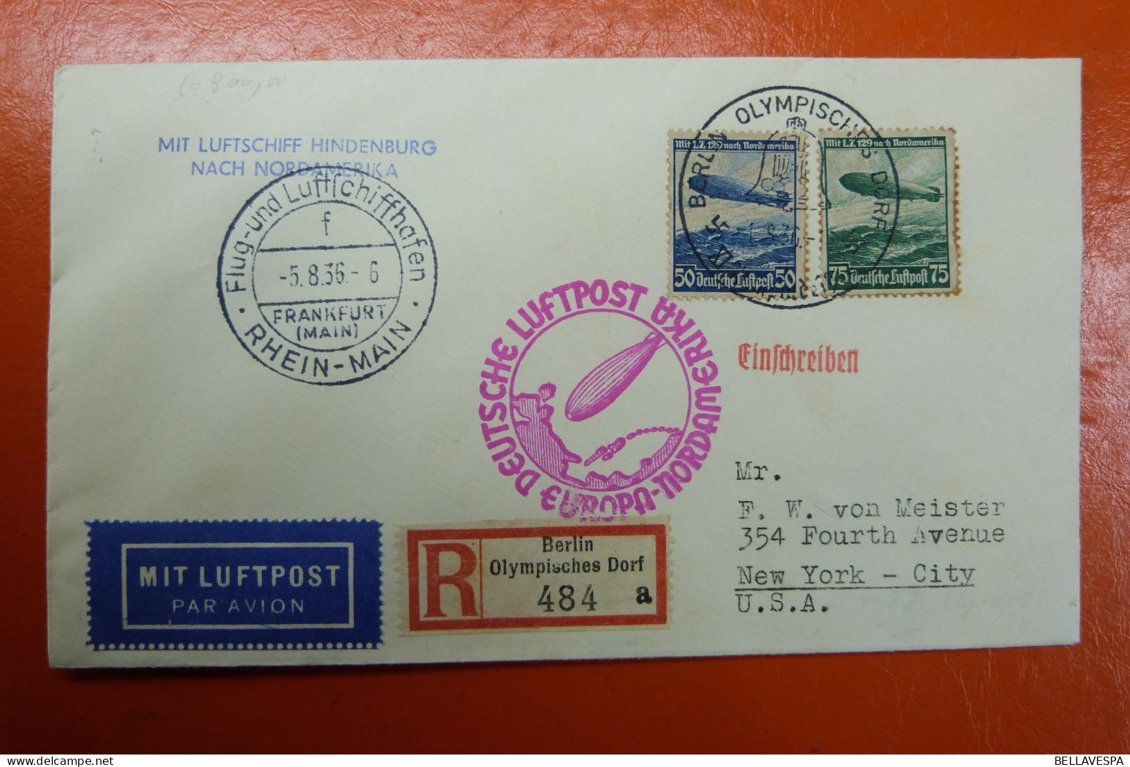 Luftschiff HINDENBURG 05.08.1936  Berlin Olympisch Dorf 484 A /Einschreiben DEUTSCHE LUFTPOST  Ney-York Madison Square - Luft- Und Zeppelinpost