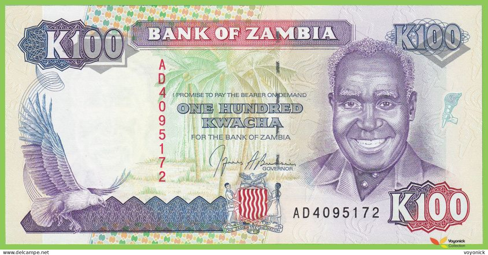 Voyo ZAMBIA 100 Kwacha ND/1991 P34a B135a UNC Prefix AD Fish Eagle - Zambia