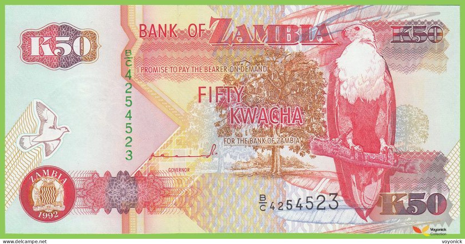 Voyo ZAMBIA 50 Kwacha 1992 P37a B138a  UNC Prefix B/C Fish Eagle - Zambia