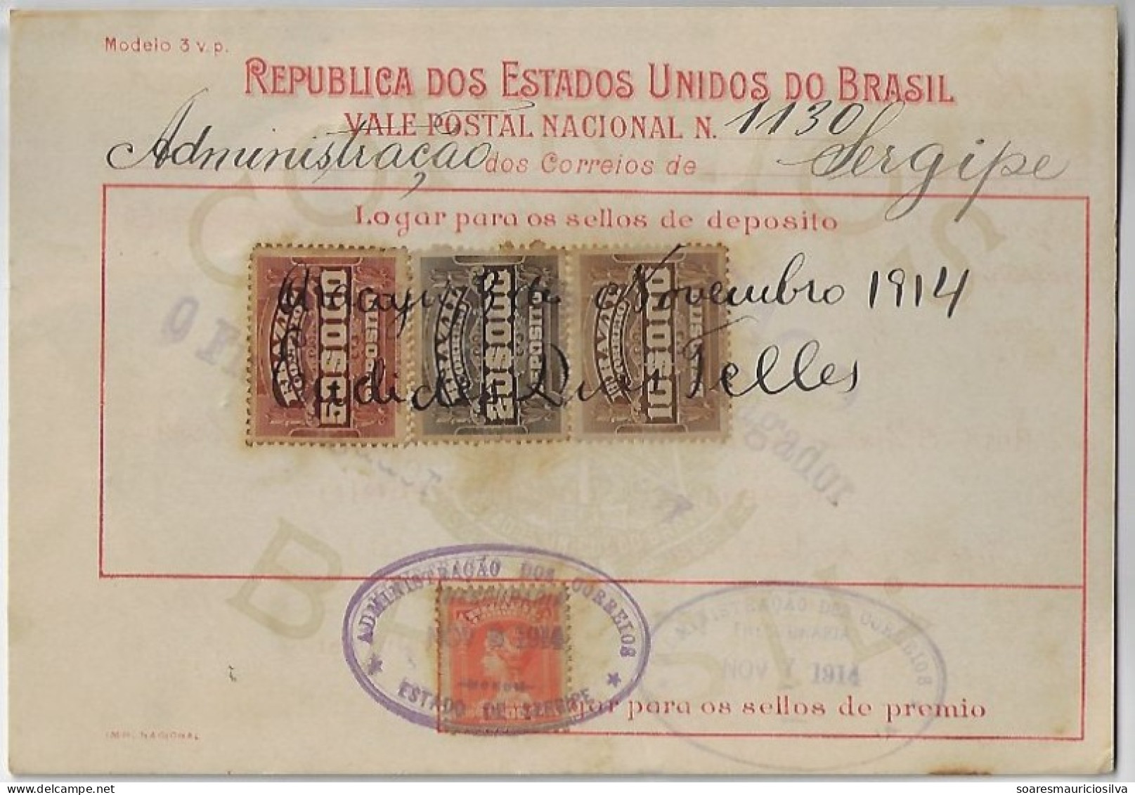 Brazil 1914 Money Order From Aracaju To Salvador Bahia Vale Postal Stamp 10$000 20$000 50$000 Definitive 1$000 Republic - Covers & Documents